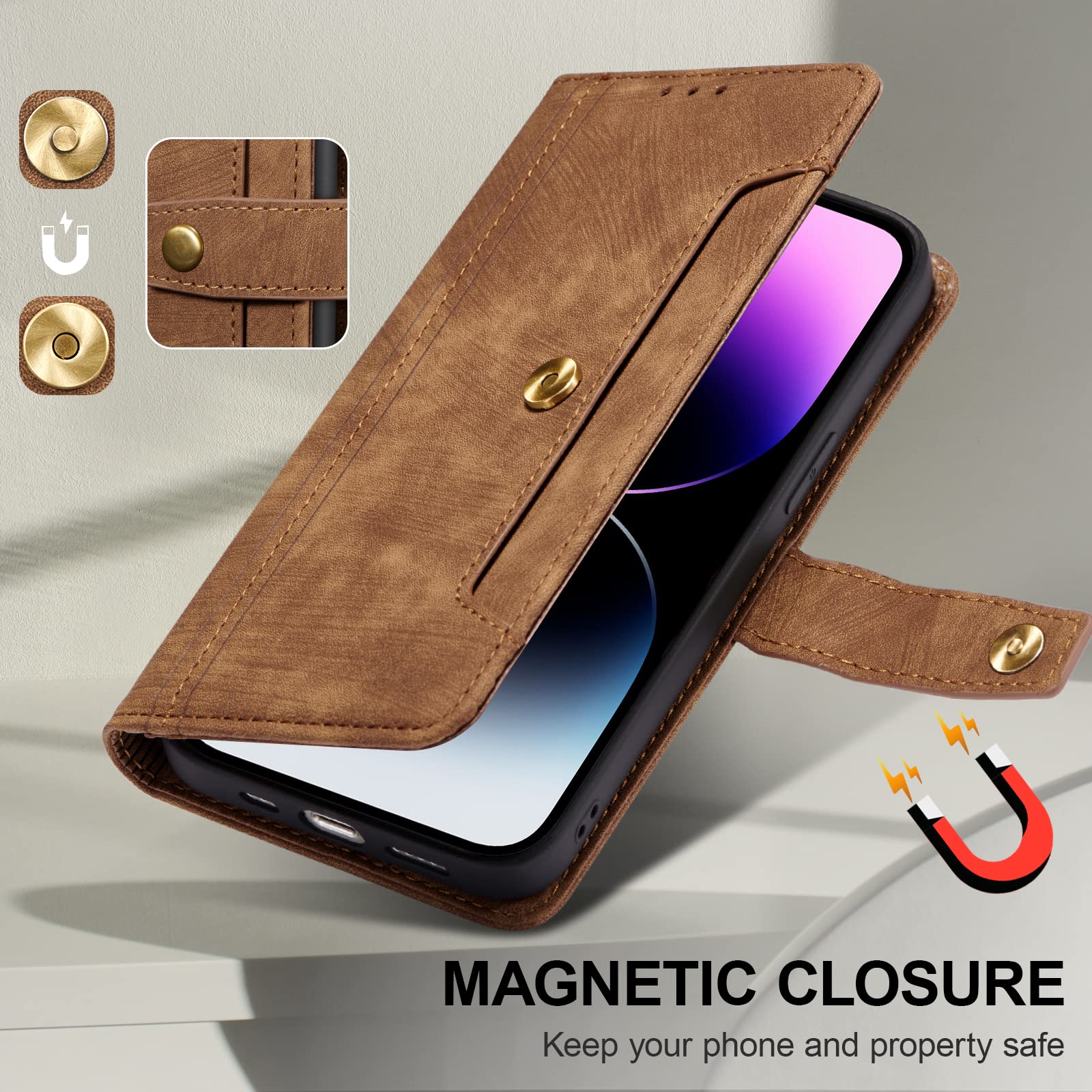 Premium PU Leather Wallet Case for iPhone 14 Pro Max - Shockproof Flip Cover with Card Holder Slots, Magnetic Clasp & Kickstand | Perfect for Business, Travel & Everyday Use (Brown)