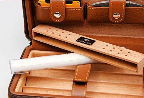 Premium Brown Leather Travel Humidor Case - Holds 4-6 Cigars with Cedar Wood Lining, Cutter & Lighter Gift Set - Perfect for Business Travel, Gifts & Cigar Enthusiasts
