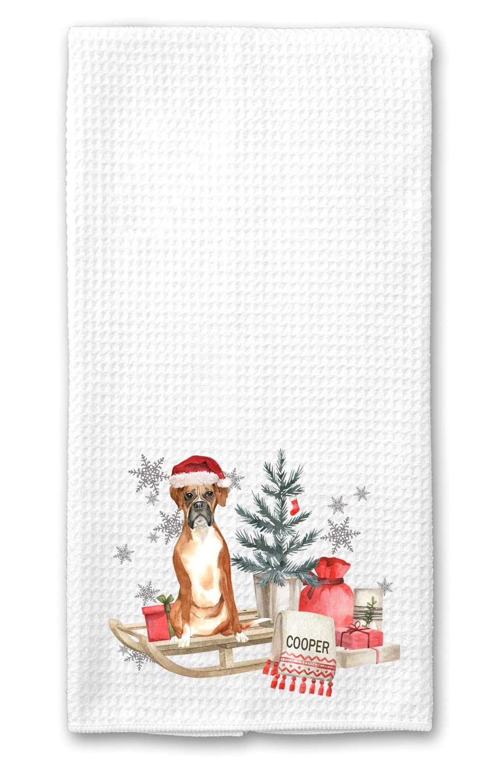 Personalized Christmas Dog on a Sled Waffle Kitchen Towel - Custom Boxer Breed Gift for Dog Lovers, Housewarming, Hostess - Perfect for Holiday Decor, Kitchen Use & Thoughtful Gifting