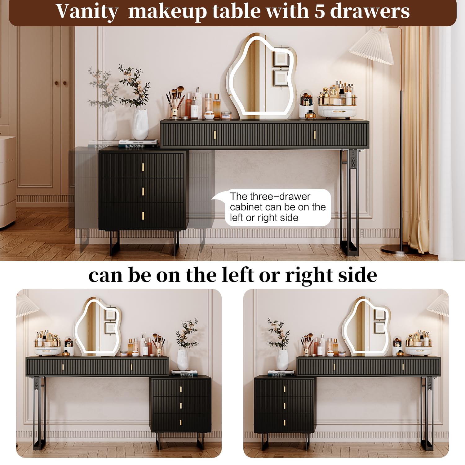 Modern Black Vanity Desk with Plug - Large Makeup Dressing Table with 3-Color Touch Screen Dimming Mirror, Adjustable Cabinet & 5 Sliding Drawers - Retractable Design with Built-in Power Strip - Perfect for Bedroom, Dressing Room & Beauty Salon Organization