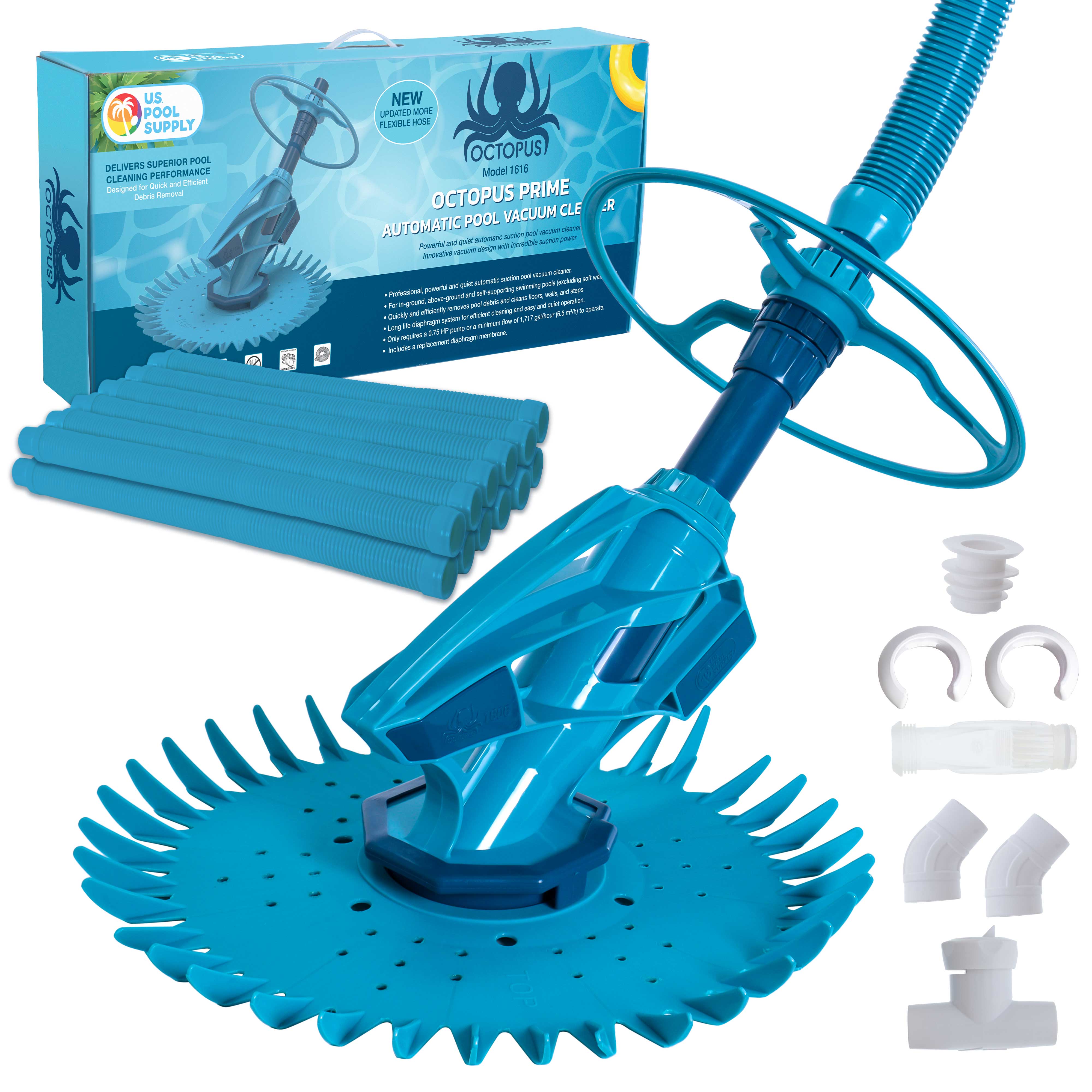 Octopus Prime Automatic Pool Vacuum Cleaner with Hose Set - Powerful Suction for In-Ground & Above Ground Pools - Removes Leaves, Dirt & Debris from Floors, Walls & Steps - Ideal for Backyard, Residential & Commercial Swimming Pools