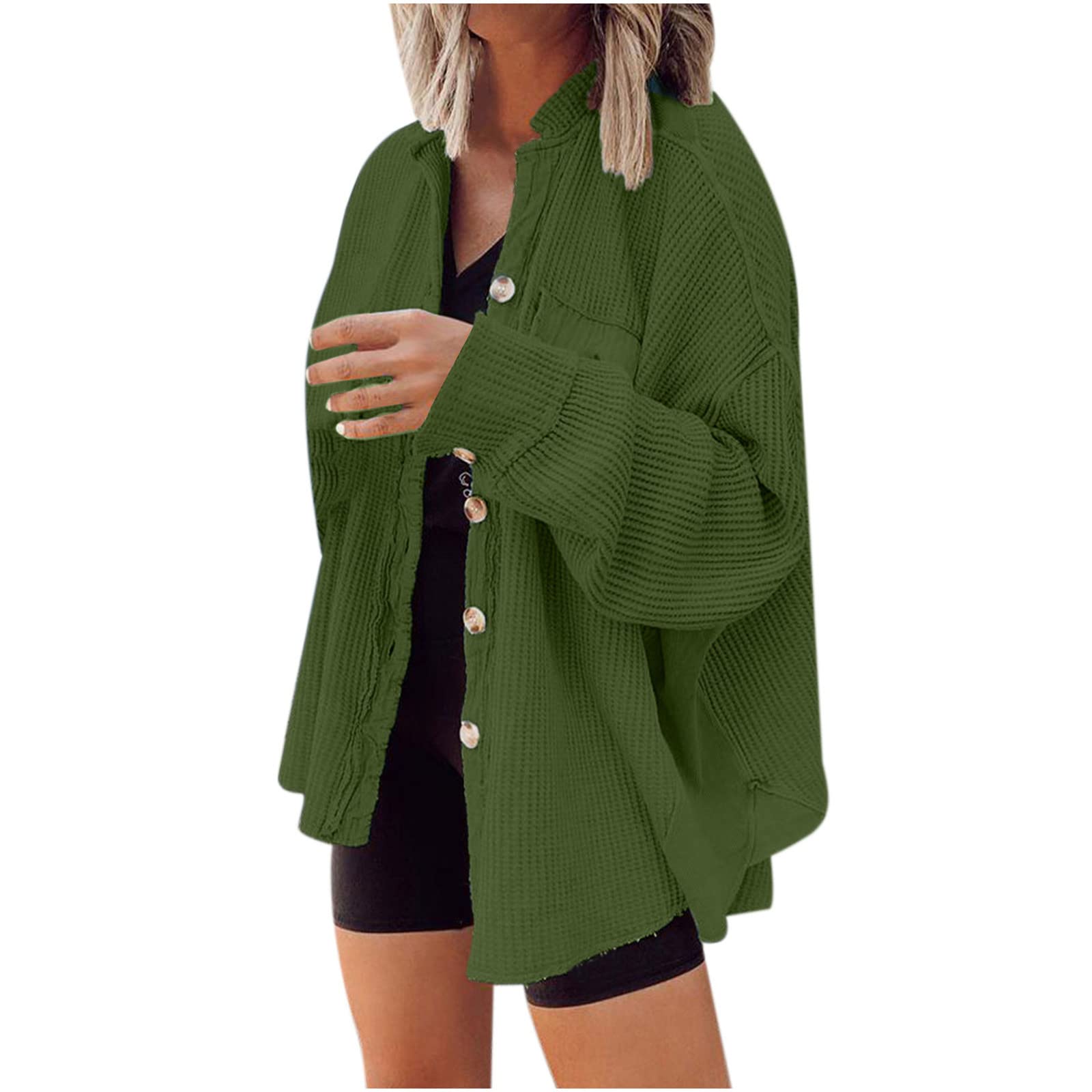 LUGOGNE Women's Waffle Knit Fall Jacket - Trendy Solid Color Long Sleeve Button Up Shirt with Lapel - Casual Loose Fit Cardigan for Autumn Outfits | Perfect for Work, Date Night & Weekend Outings