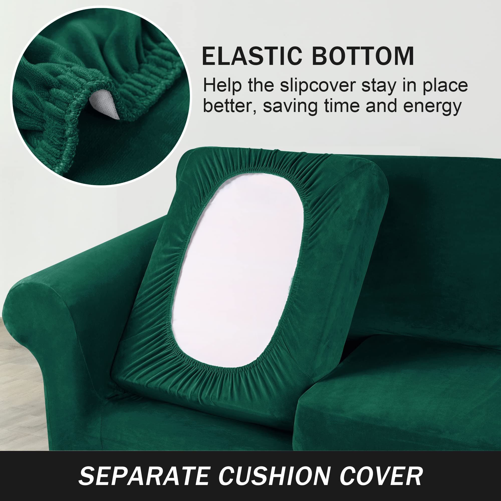 Ultra Soft Velvet Stretch Sofa Slipcover - Pet & Kid Friendly Furniture Protector - Green Small Couch Cover for Living Room, Home Decor & Daily Use