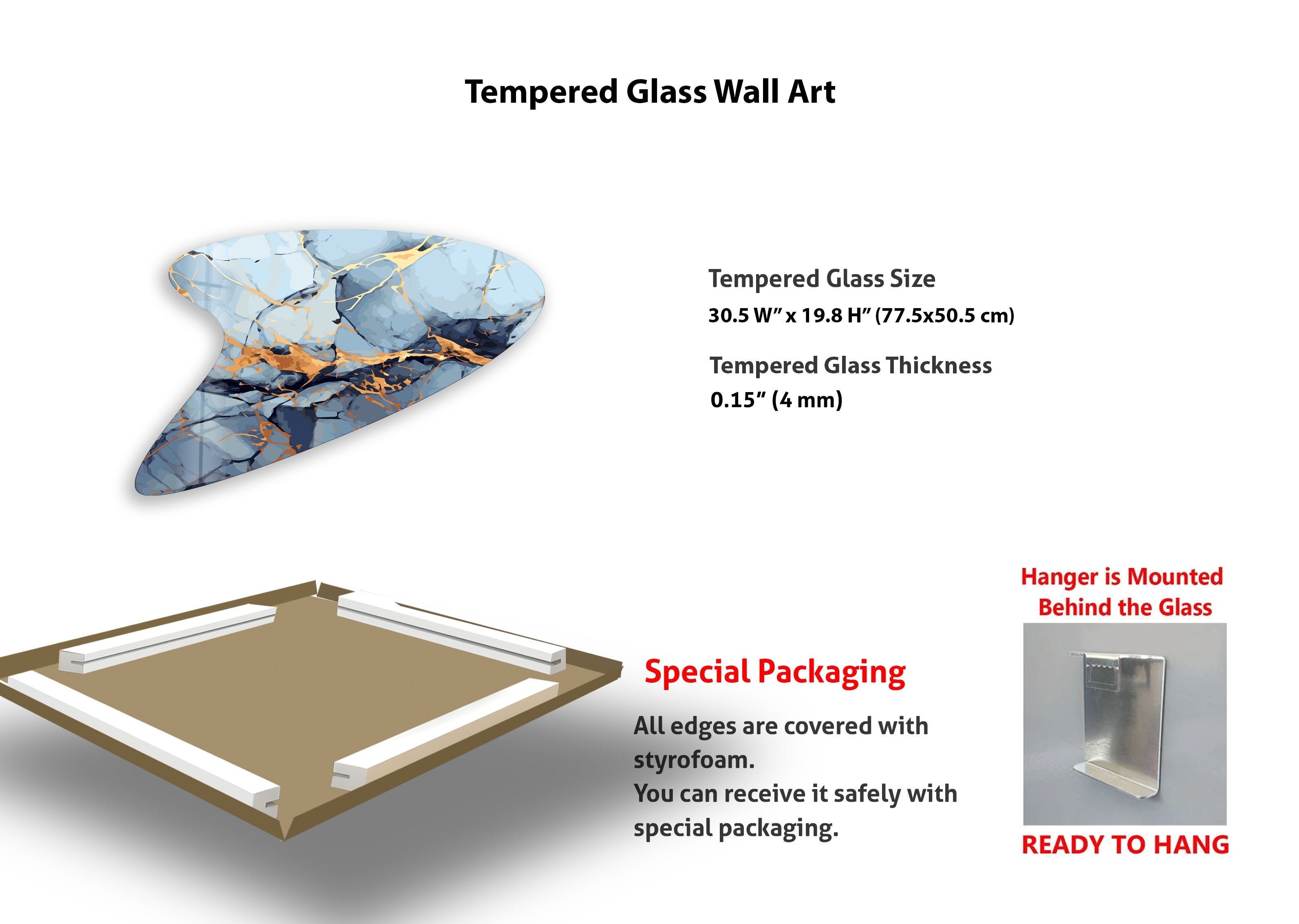 Blue & Gold Marble Modern Glass Wall Art - Elegant Home Decor for Living Room, Bedroom & Office - Perfect for Wall Decoration & Interior Design