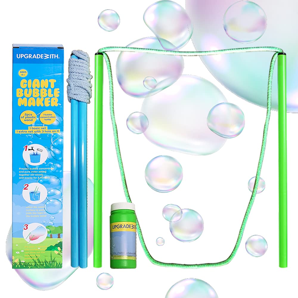 **Giant Bubble Wands Set – 2 Plastic Bubble Rope Wands & 1 Bubble Solution Bottle – Outdoor Birthday Party Toys for Kids, Boys & Girls – Fun Summer Backyard & Beach Activity for Children**