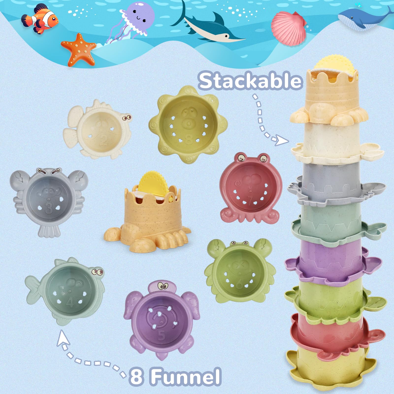 **14-Piece Toddler Bath Toys Set for Kids Ages 1-3 – Shark Shower, 5 Toy Boats & 8 Bath Cups – Fun Water Table & Bathtub Toys for Boys & Girls – Perfect Baby Pool & Bath Time Play Gifts**    *(Ideal for bathtime fun, outdoor water tables, baby pools, and sensory play – encourages motor skills and imaginative play!)*