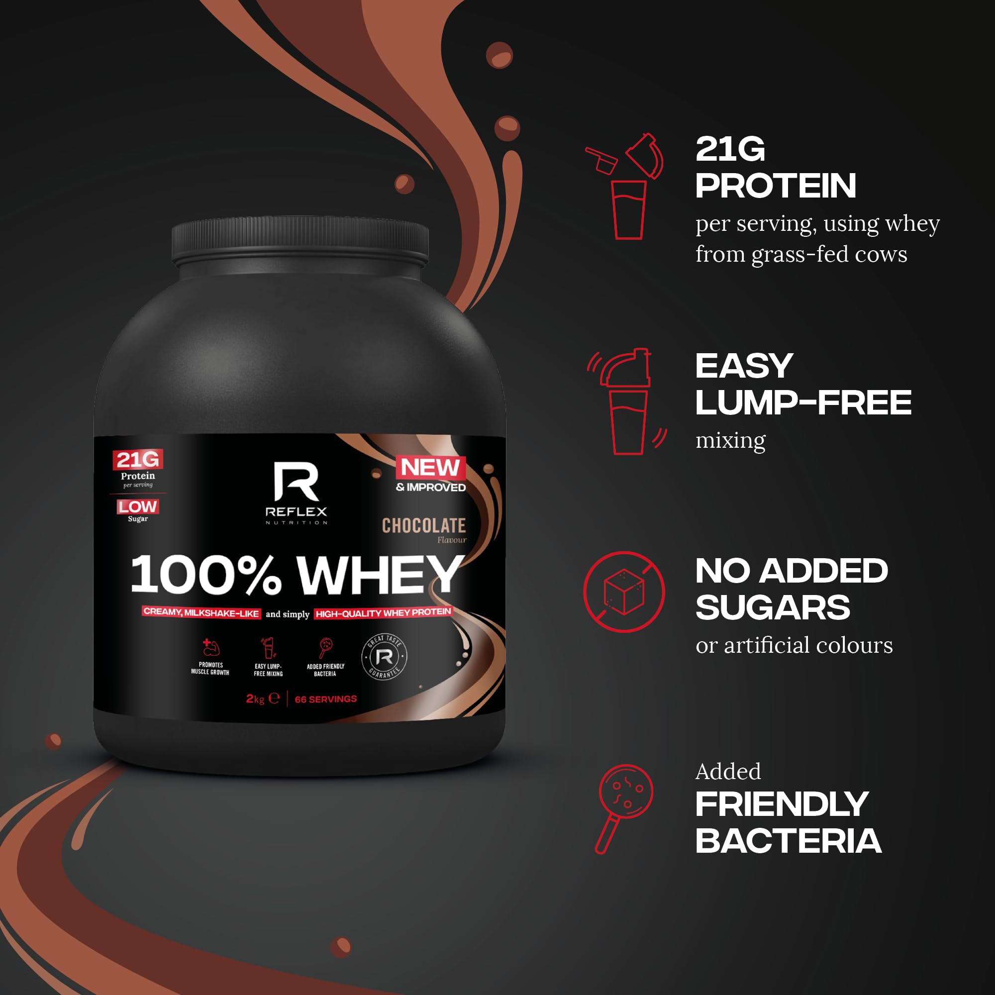 Reflex Nutrition 100% Whey Protein Powder - 80% Pure Whey with EAA Amino Acids - No Added Sugar - Pre & Post Workout Supplement for Muscle Recovery (Chocolate Flavor, 2kg/4.4lb, 66 Servings) - Ideal for Gym, Fitness & Bodybuilding Training