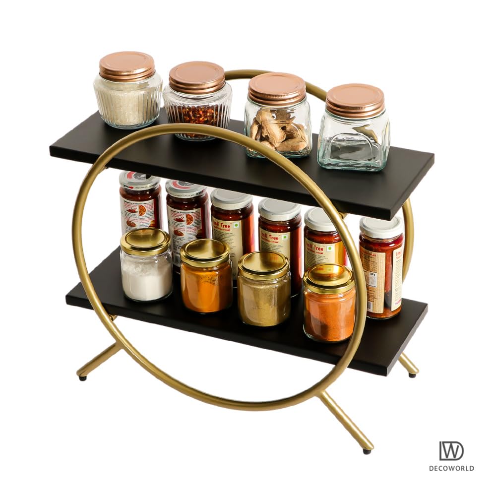Premium 2-Tier Circular Countertop Organizer Rack - Multishelf Storage Stand for Kitchen, Bathroom & Vanity | Spice Rack, Cosmetic Organizer & Bathroom Storage | Space-Saving Solution for Small Spaces (Black & Gold) | Perfect for Countertop Organization in Apartments, Dorms & Tiny Homes
