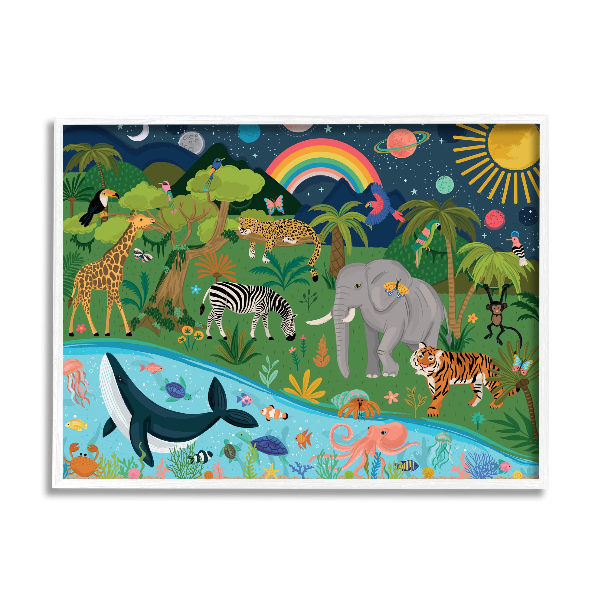 Stupell Industries Jungle Animals & Sea Creatures Wall Art Under Night Sky with Planets - Designed by Lisa Perry White - Perfect for Nursery, Kids Room & Playroom Decor
