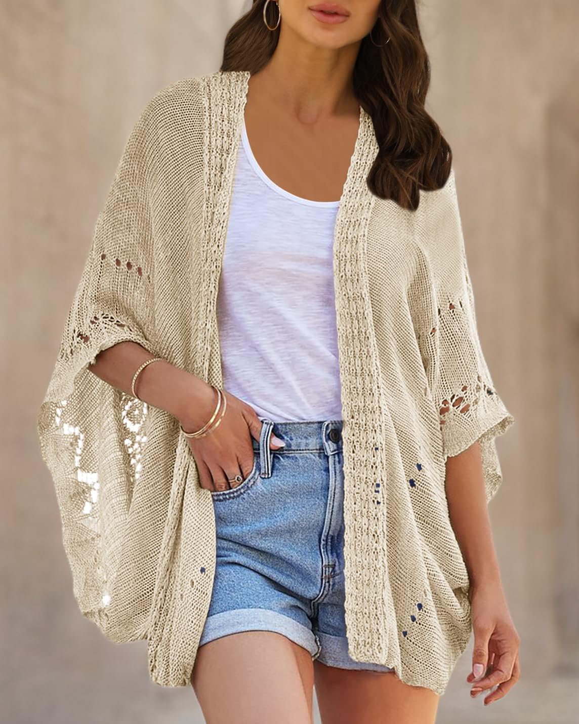 Ermonn Women's Lightweight Crochet Cardigan Sweater - Open Front Kimono Batwing Sleeve Casual Cover-Up | Perfect for Spring/Summer Outfits, Beach Cover-Up & Boho Chic Style