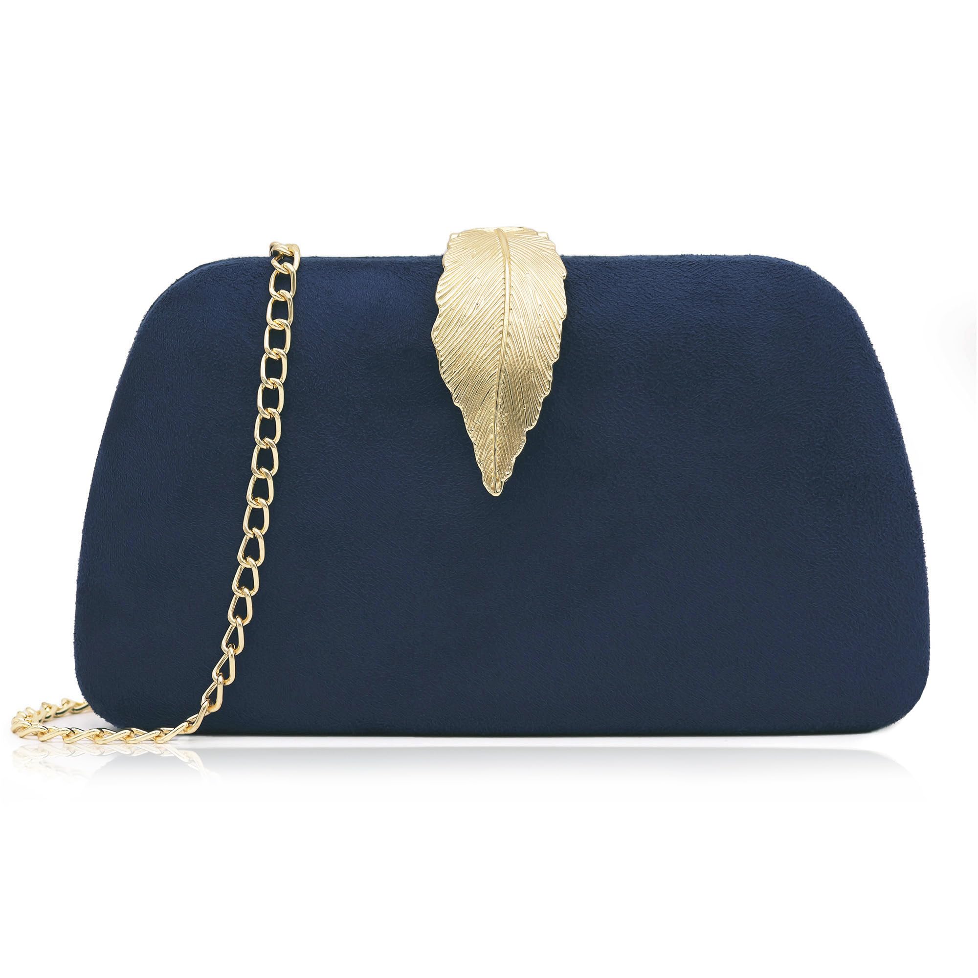 Milisente Women's Solid Suede Evening Clutch Bag with Metallic Leaves Clasp - Elegant Shoulder Purse for Parties, Weddings & Special Occasions