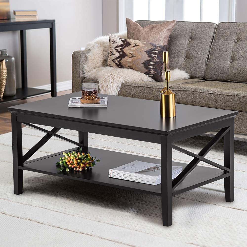 ChooChoo Oxford Black Wood Coffee Table with Thicker Legs & Storage - Modern Living Room Furniture for Small Spaces, Home Decor, and Entertainment Areas