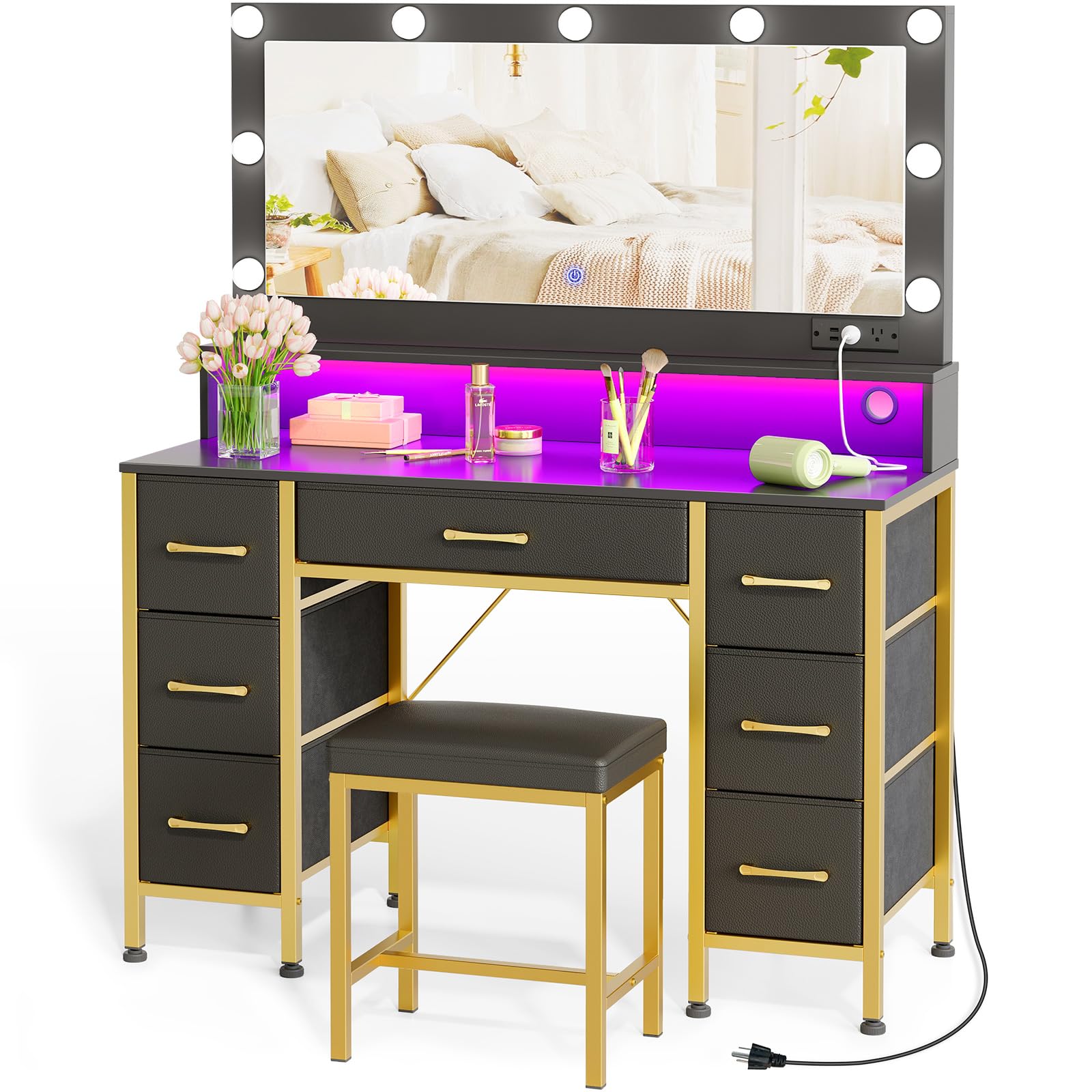 Rolanstar Vanity Desk with Mirror and Lights - Makeup Vanity Set with Upholstered Stool, 7 Fabric Drawers, 9 LED Bulbs & Power Outlets - Black and Gold Dressing Table with RGB Strip Lights for Bedroom, Home Decor & Beauty Routine