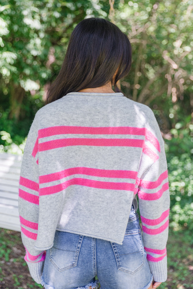 Sweet Affection Grey and Fuchsia Striped Notched Neck Sweater for Women - Cozy Pullover for Fall & Winter - Perfect for Casual Outings and Office Wear