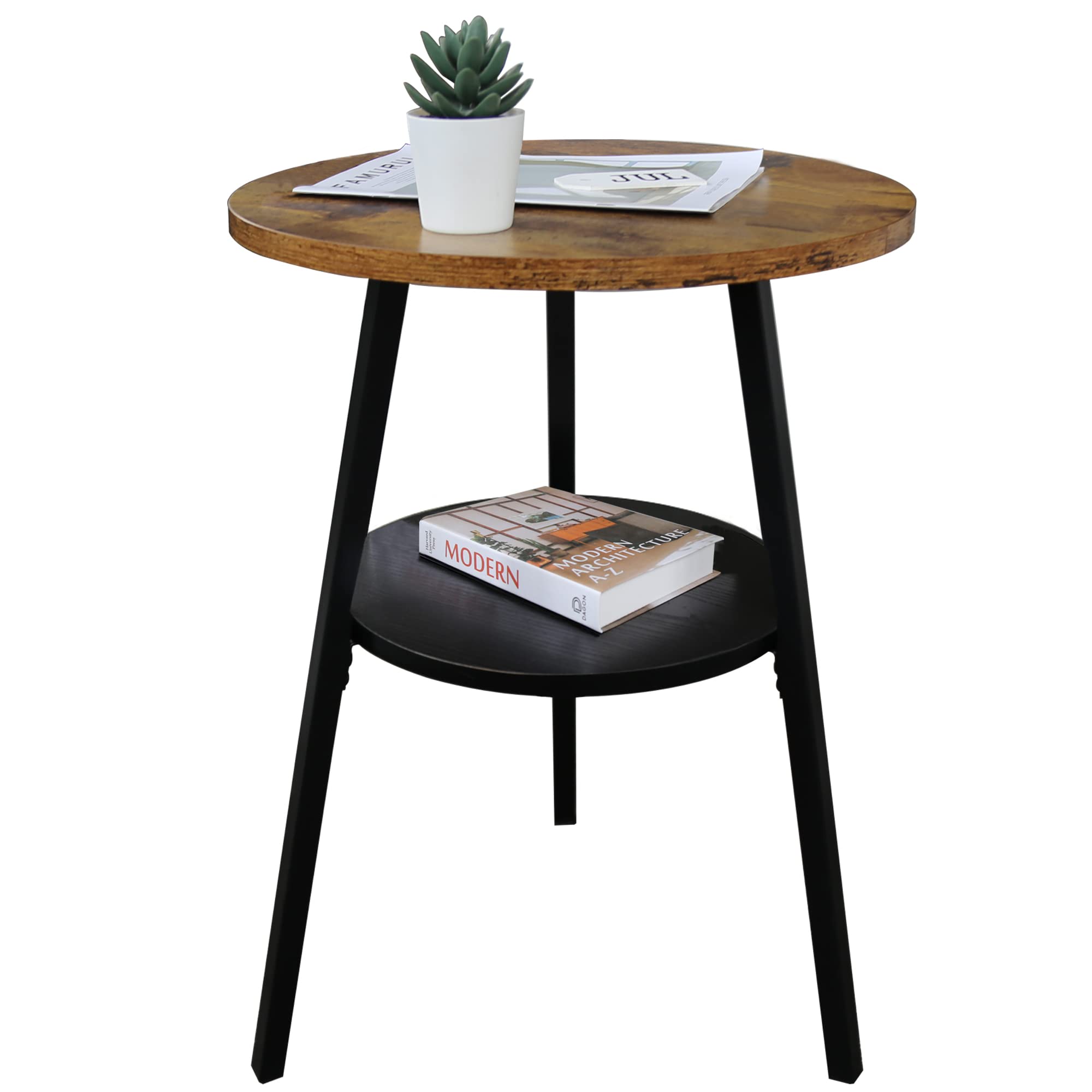INHABIT UNION Round End Table - Rustic Brown Wooden Accent Table with Storage Shelf | Small Side Table for Living Room, Bedroom & Balcony | Space-Saving Furniture for Apartments & Small Spaces
