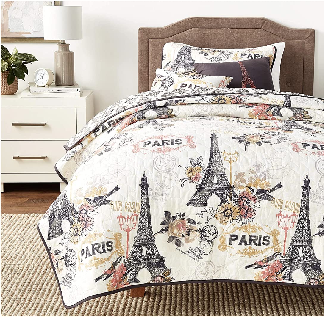 Avondale Manor Cherie 4-Piece Parisian Comforter Set - Ultra Soft & Lightweight Reversible Bedding with Throw Pillows | Hypoallergenic, All Season, Machine Washable | Twin Size Coral | Perfect for Guest Rooms, Dorm Decor & Cozy Bedroom Makeovers