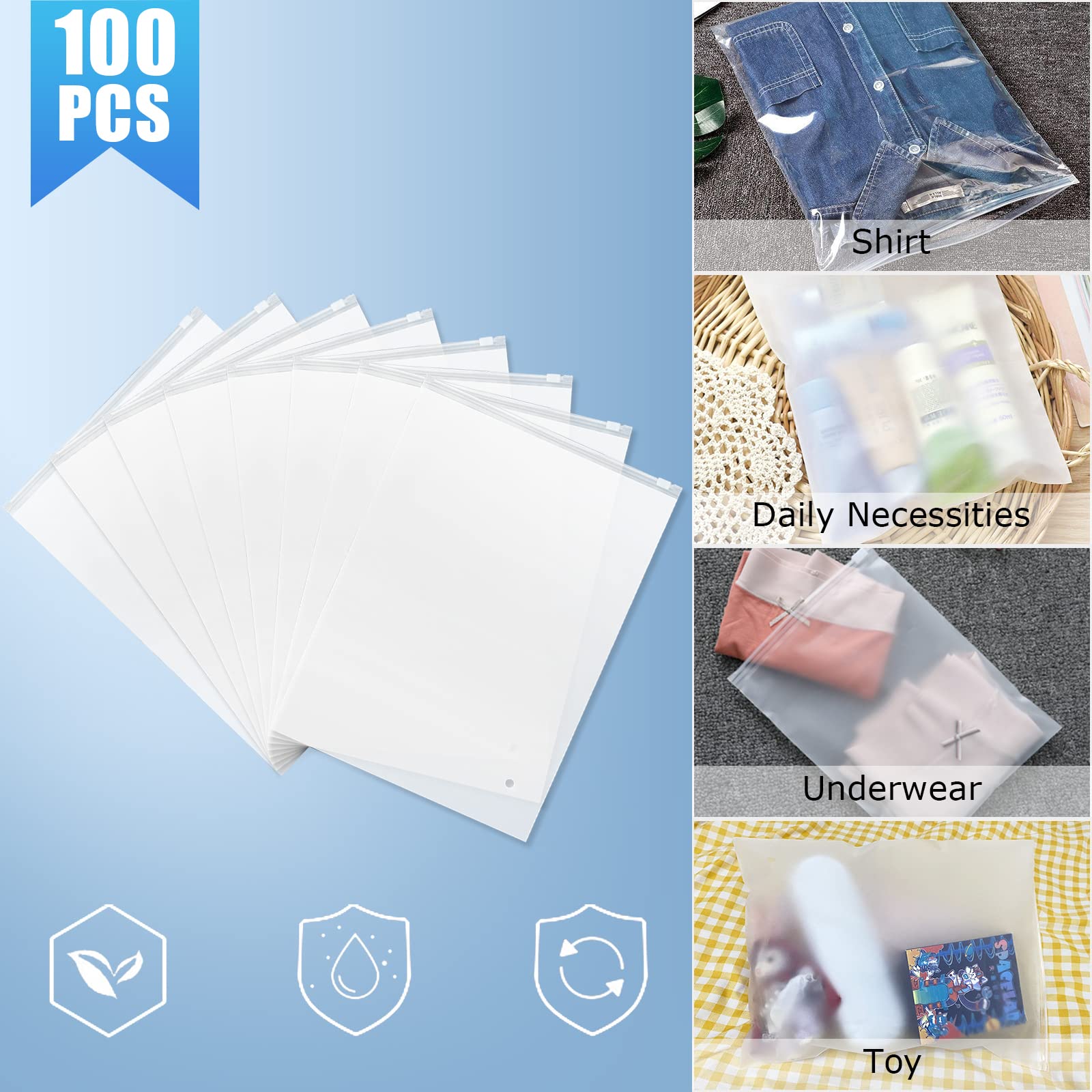 CertBuy 100PCS Frosted Zipper Storage Bags 11x15 Inch - Clear Resealable Plastic Bags for Clothes, Jeans, Pants - Durable Poly Bags for Packaging, Organizing & Travel - Perfect for Retail, Laundry & Storage