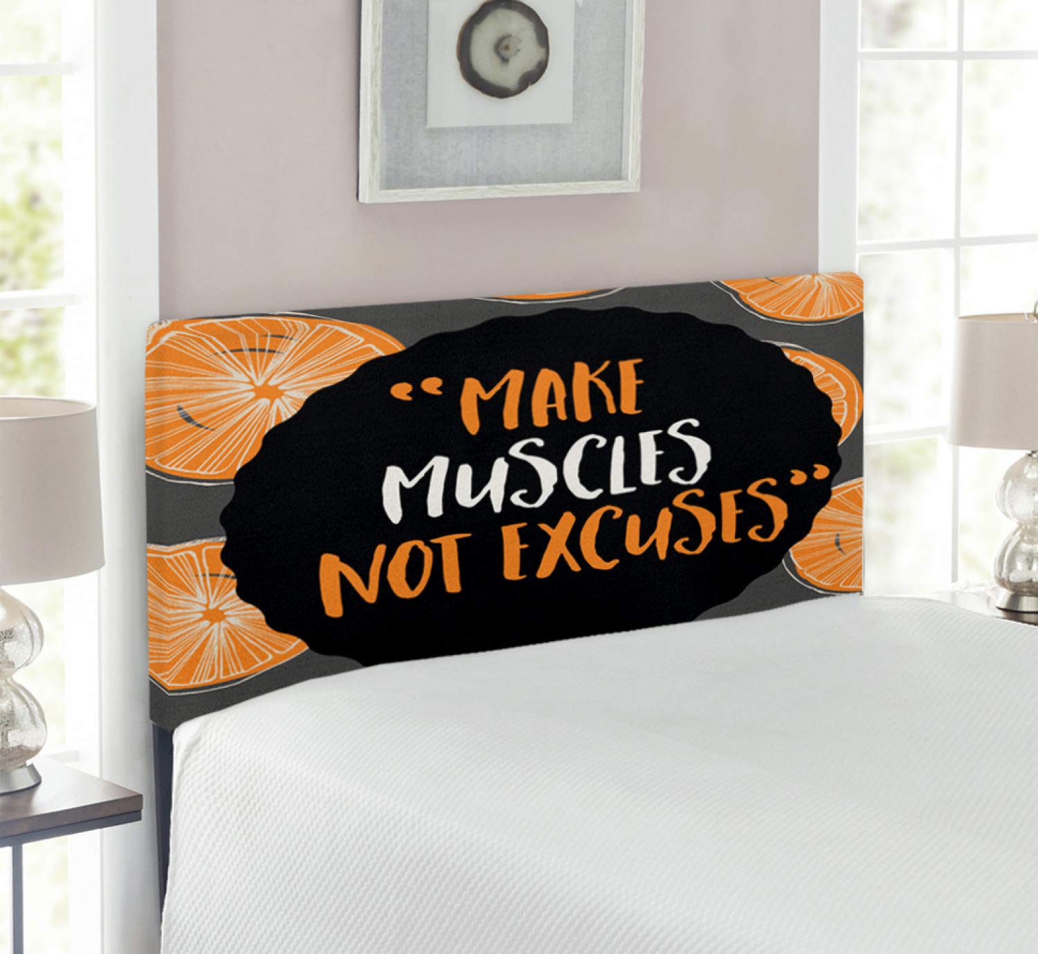 Ambesonne Fitness Headboard - Modern Upholstered Metal Bed Headboard with Memory Foam | Twin Size Charcoal Grey & Orange | Motivational 'Make Muscles Not Excuses' Design | Perfect for Home Gym, Bedroom Decor & Fitness Enthusiasts