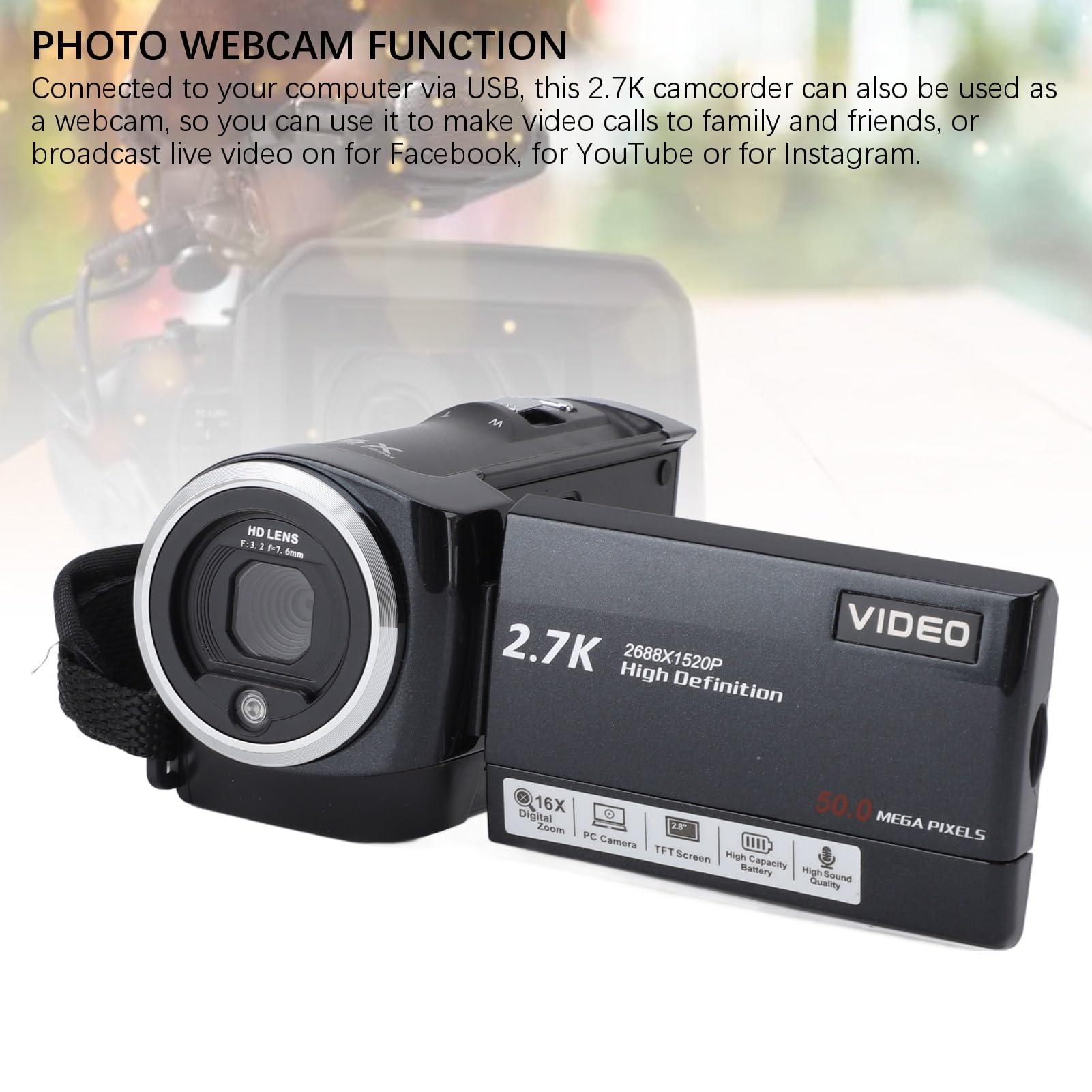 GOWENIC 2.7K HD 50MP Digital Video Camera with 2.8