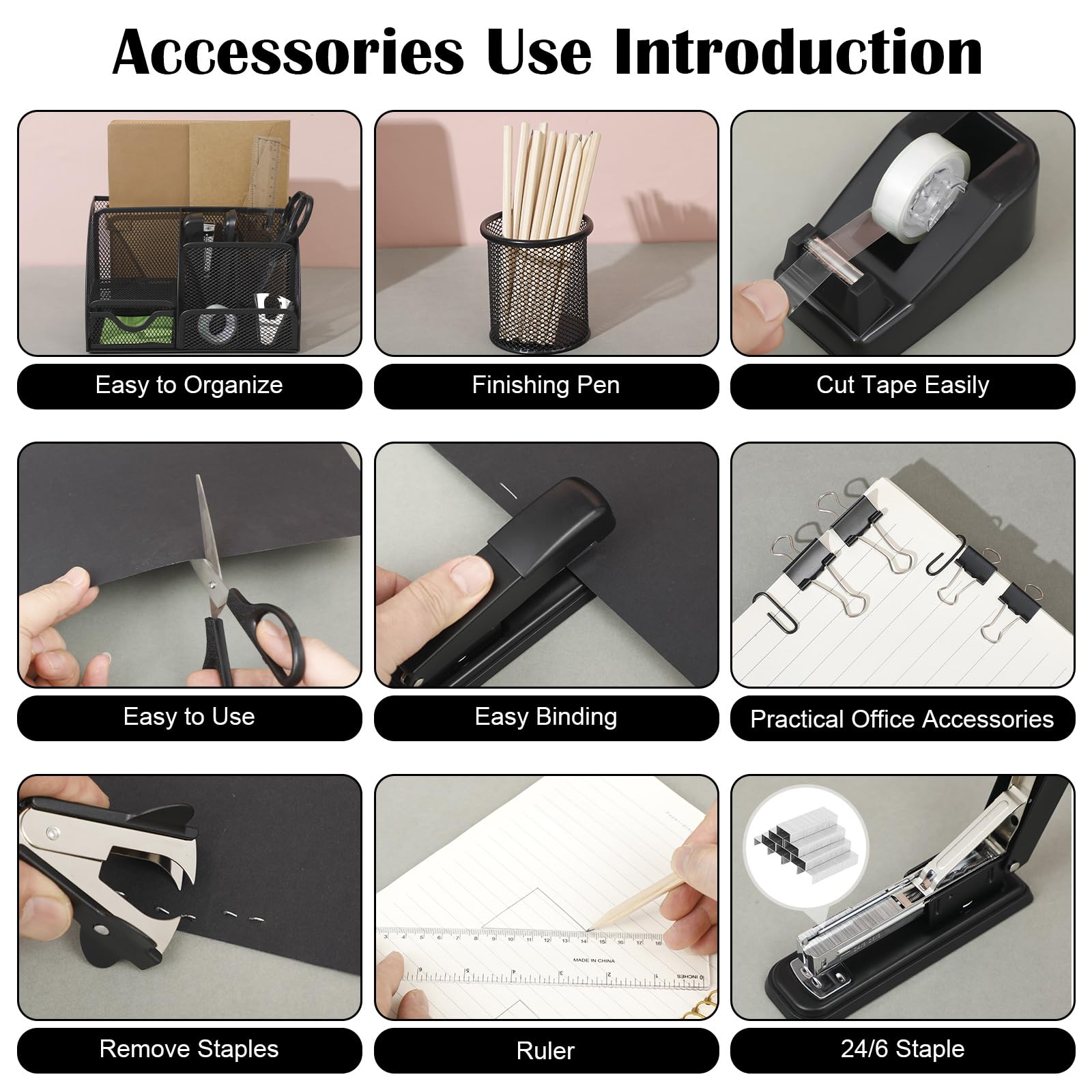 Premium Black Desk Organizer Set with Mesh Tray, Stapler (1000 Staples), Tape Dispenser, Pen Holder & Office Essentials - Perfect for Home Office, Workspace Organization & Productivity Boost