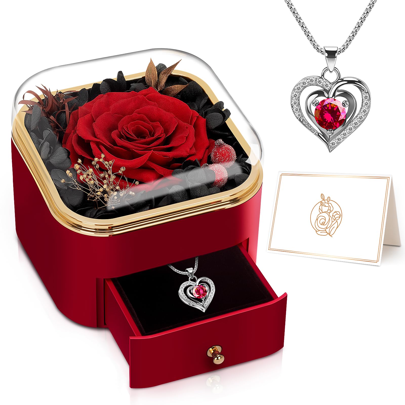 Real Preserved Rose Heart Necklace - Romantic Eternal Flower Jewelry Gift for Women, Girlfriend, Wife, Mom, Grandma - Birthday, Anniversary, Christmas Present (Red) - Perfect for Special Occasions & Keepsake Memories