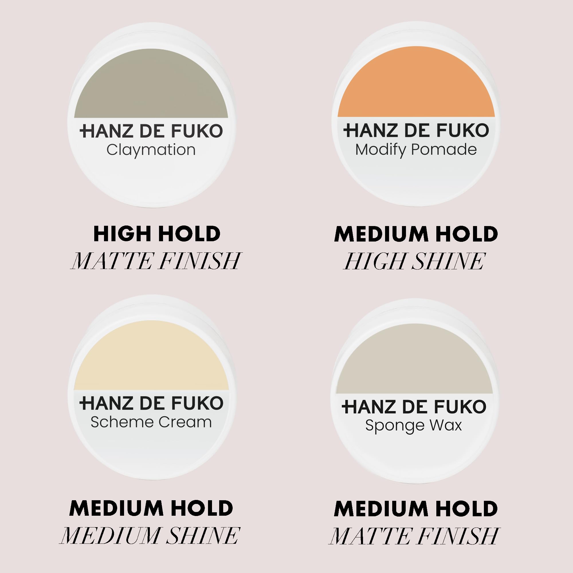 Hanz de Fuko Deluxe Hair Care Kit – 4-Piece Styling Sampler with Claymation, Sponge Wax, Modify Pomade & Scheme Cream (0.25oz Each) – Perfect for Travel, Gifts & Everyday Styling