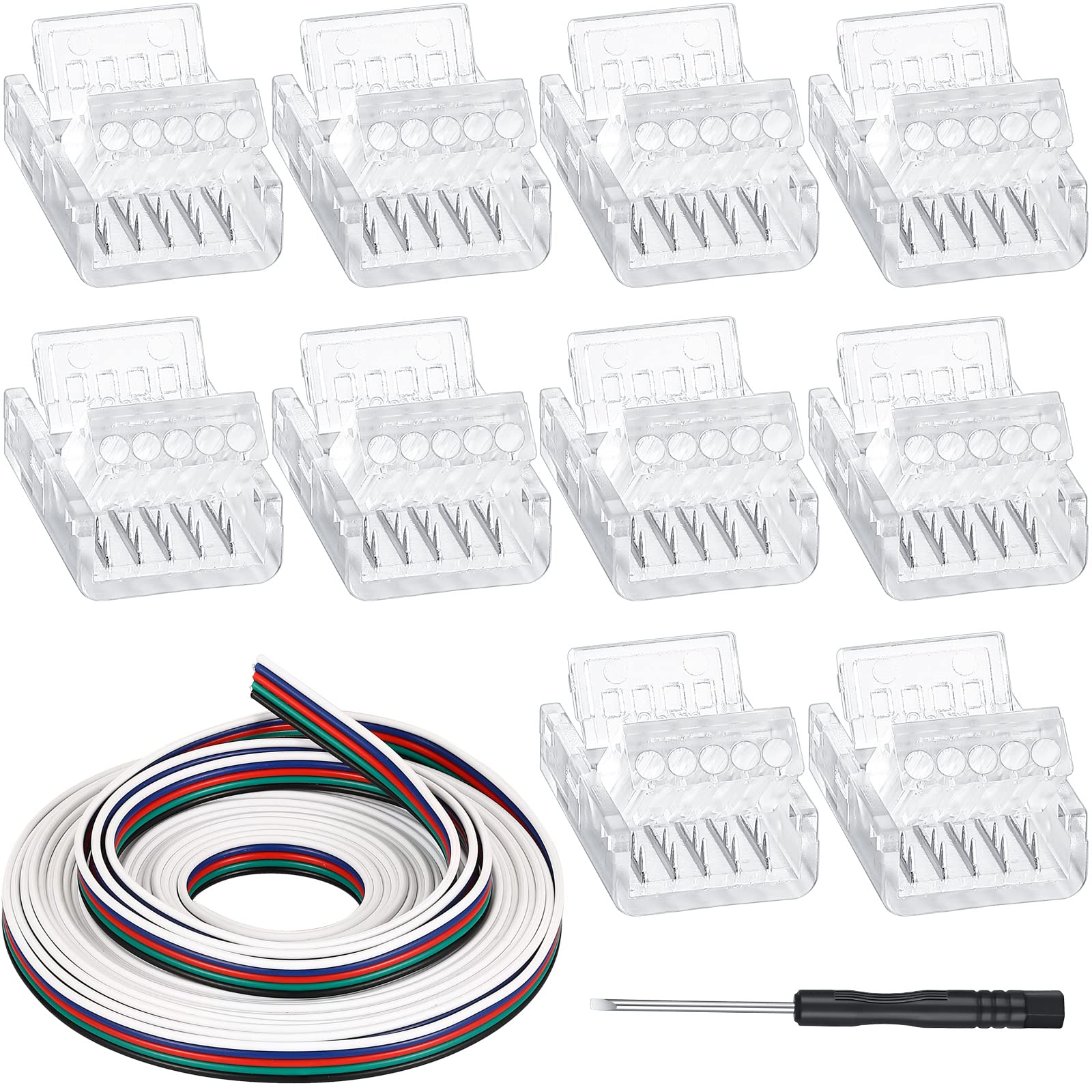 10 Pack 5 Pin RGBW LED Strip Connector Kit - Solderless Waterproof Transparent Connectors for LED Light Strips (16.4ft Extension Cable & Screwdriver Included) - Perfect for Home Theater, Gaming Setup, and DIY Lighting Projects