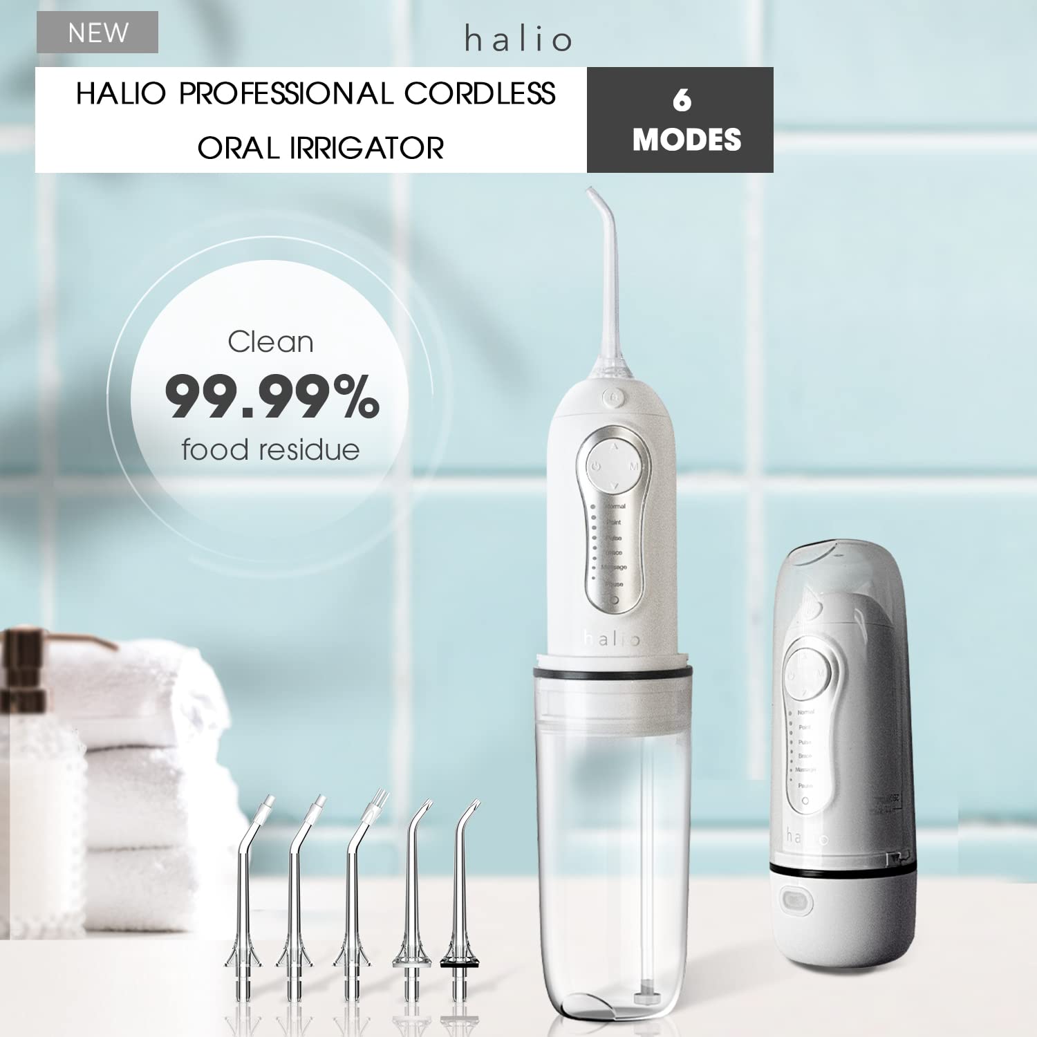 Halio 260ML Professional Cordless Water Dental Flosser - Electric Rechargeable Oral Irrigator with 5 Jet Tips & 6 Cleaning Modes, IPX7 Waterproof for Teeth Cleaning at Home, Travel or Office Use
