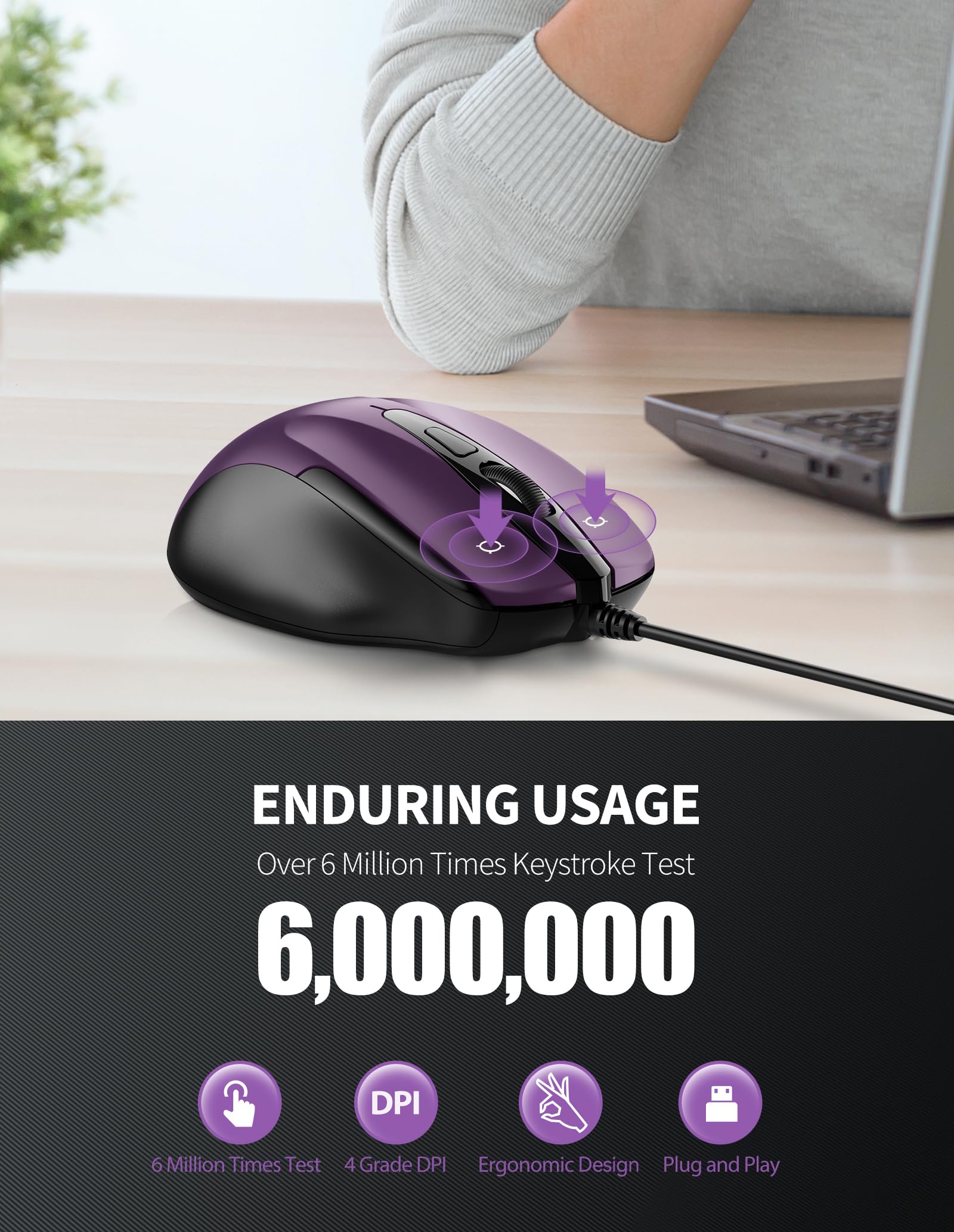 TECKNET USB Wired Mouse - 6-Button Ergonomic Optical Mouse with 4 Adjustable DPI (1600/2400/3200/4800) & 5FT Cord - Perfect for Laptop, Chromebook, PC, Desktop, Mac (Purple) | Ideal for Office Work, Gaming & Home Use