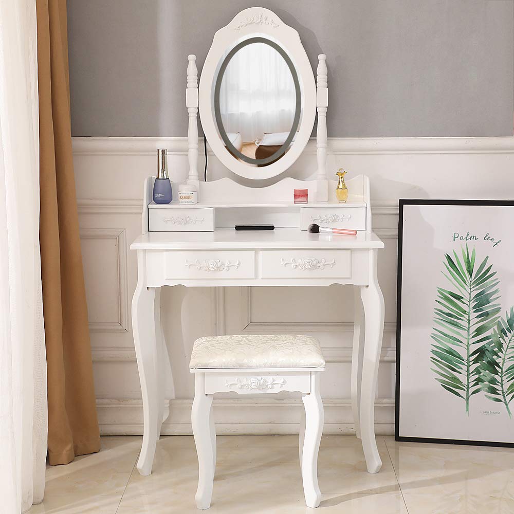 Stylish HOMEN Vanity Table Set with LED Mirror & 4 Drawers - Perfect for Bedroom Makeup Dressing & Beauty Organization