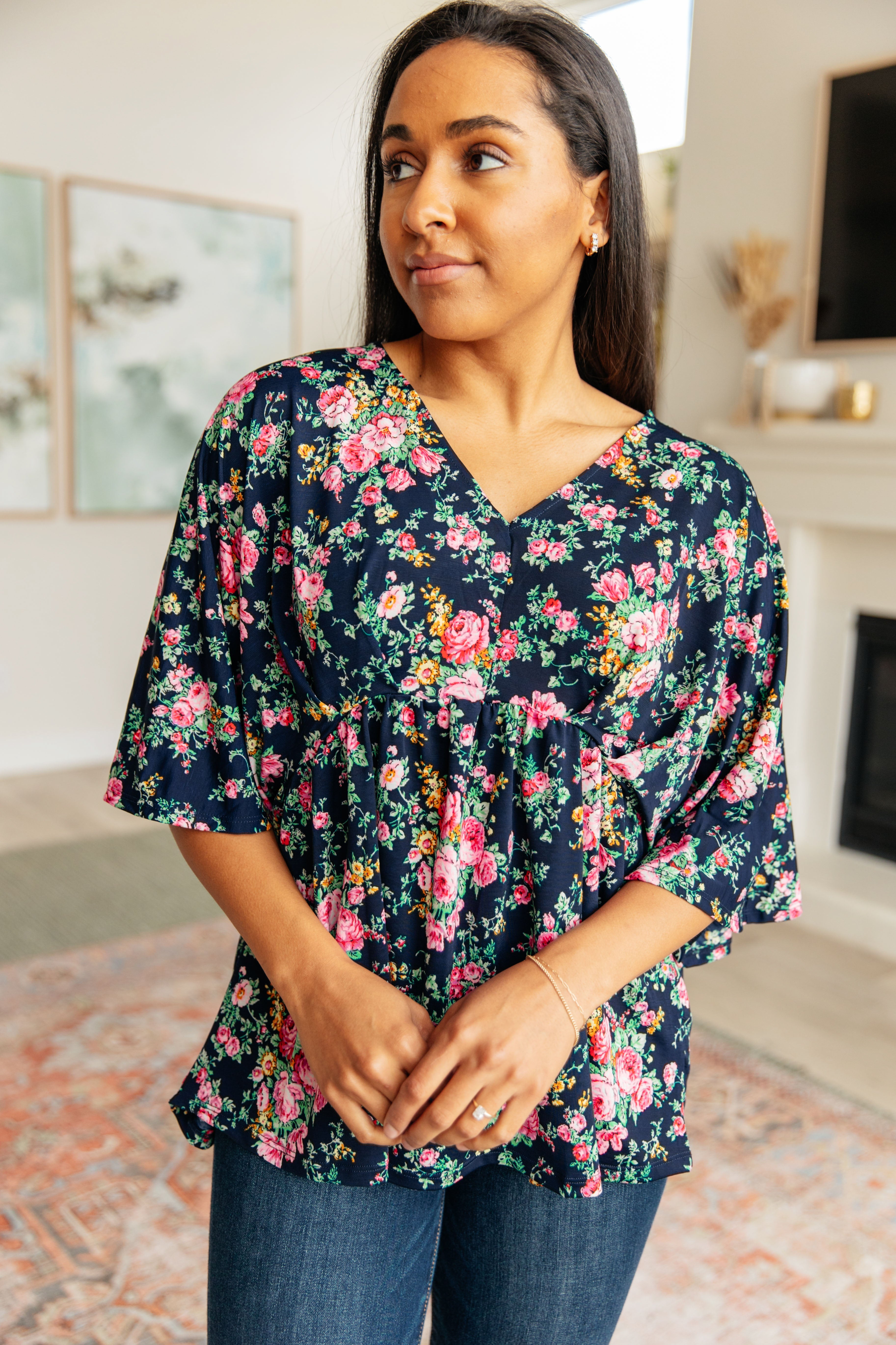 Vintage Floral Print Women's Tops - Navy & Pink Bouquet Design for Casual Wear, Date Night & Summer Outfits