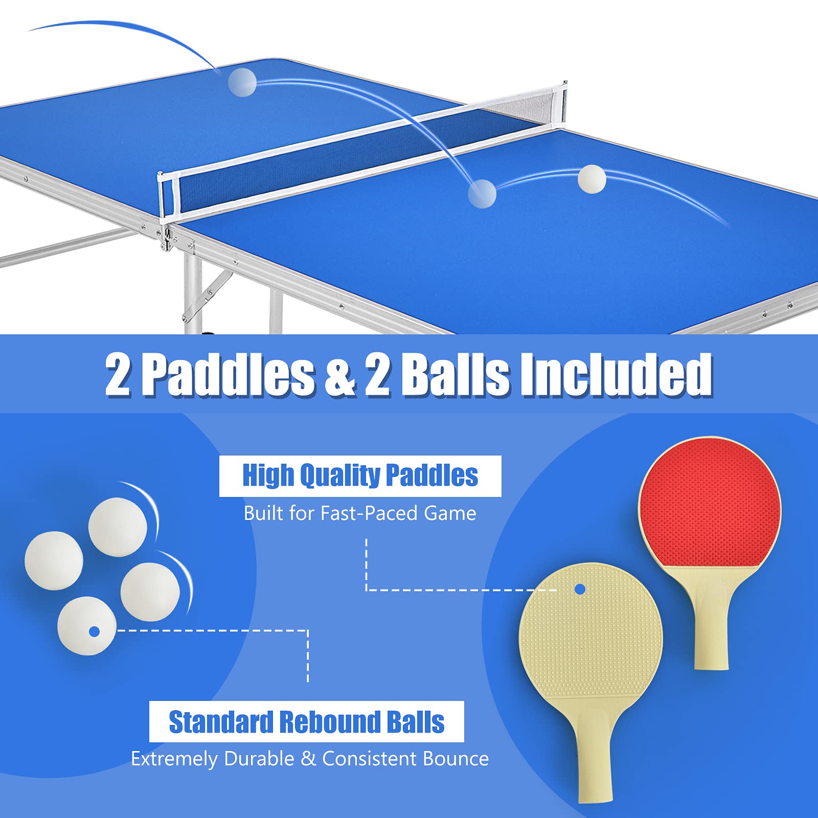 Gotoplay Folding Table Tennis Set - Portable Ping Pong Table with Net, 2 Paddles & 3 Balls for Indoor & Outdoor Play - 60 x 30 x 30 Inches Easy Assembly-Free Design - Perfect for Family Fun, Backyard Parties, and Office Recreation
