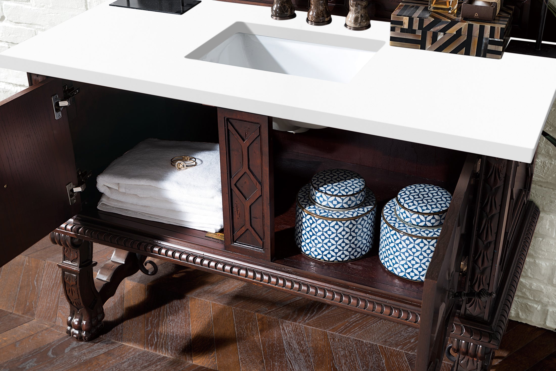 Balmoral 48 Inch Single Bathroom Vanity Cabinet in Antique Walnut with 3CM Classic White Quartz Countertop - Perfect for Modern & Traditional Bathroom Remodels