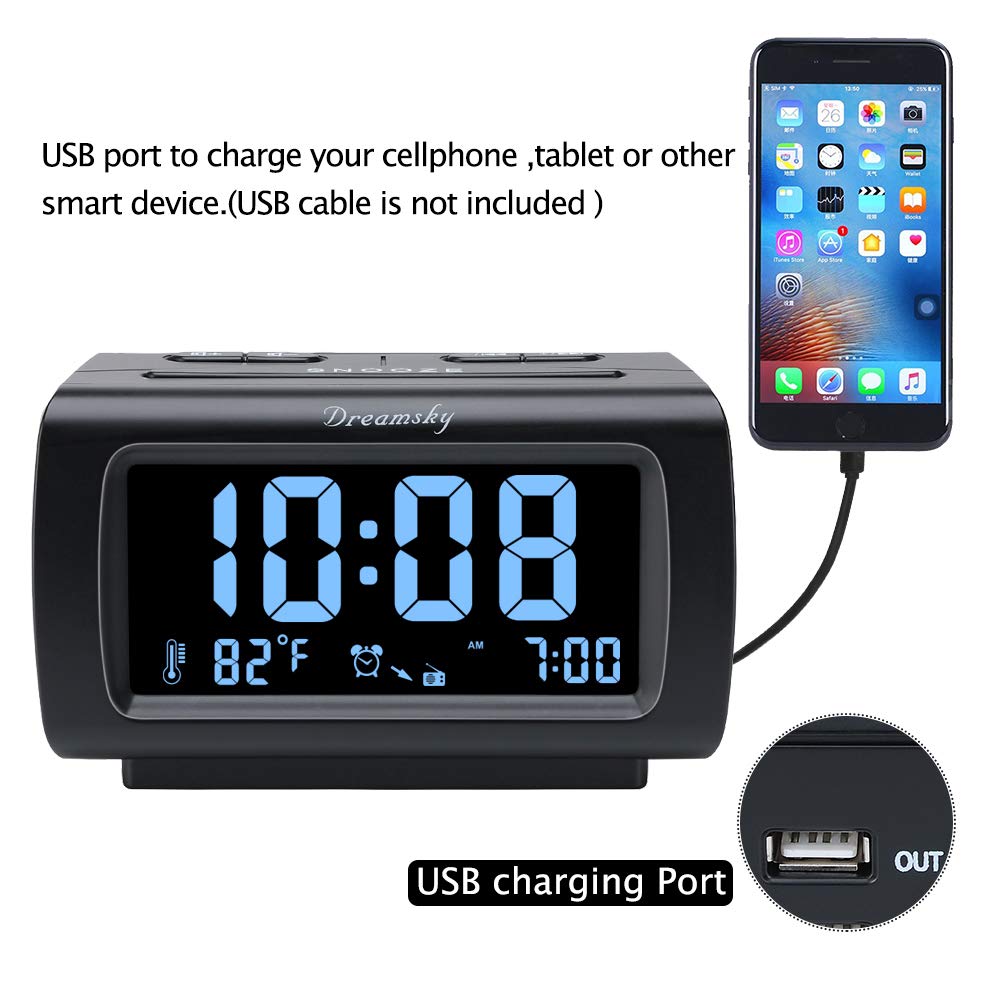 DreamSky Digital Alarm Clock Radio with Large Display, Battery Backup, USB Port & Sleep Timer - Adjustable Brightness, Volume & Snooze - FM Radio with Temperature Display for Bedroom, Office & Travel