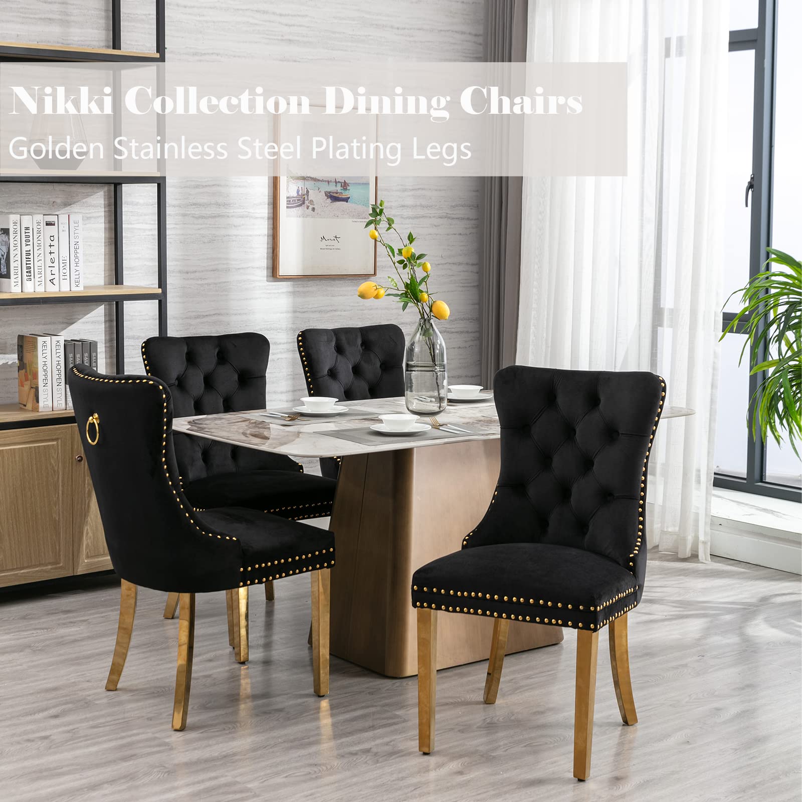 Black Velvet Dining Chairs Set of 4 - Modern Upholstered Kitchen & Dining Room Chairs with Gold Stainless Steel Legs & Ring Pull Trim - Elegant Seating for Home, Restaurant, and Office Use