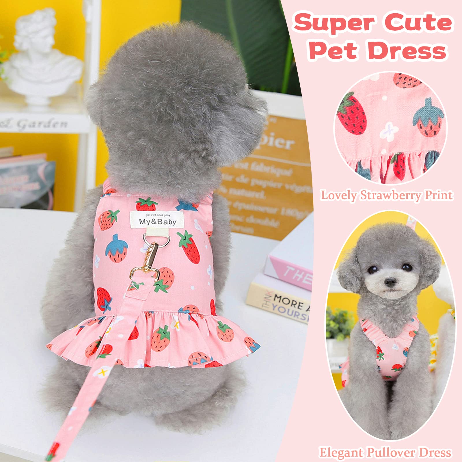Cute Princess Birthday Dog Dress Harness and Leash Set - Soft Fruit Print Puppy Outfit for Small Dogs & Cats - Perfect for Chihuahua, Yorkie, Shih Tzu (Pink Strawberry, Small) - Ideal for Birthday Parties, Photo Shoots & Daily Walks