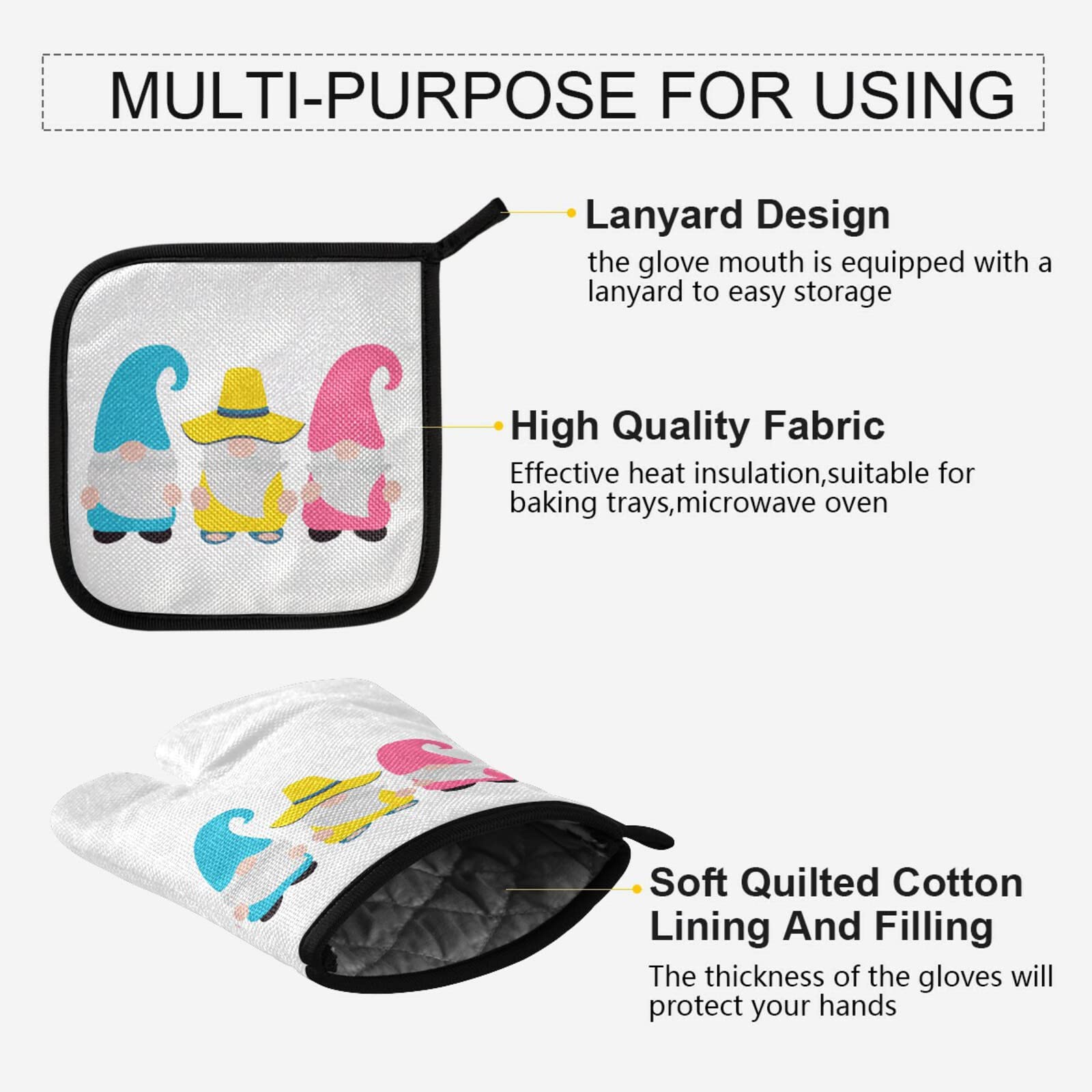 Summer Gnome Oven Mitts and Pot Holders Set of 2 - Heat Resistant Kitchen Gloves with Soft Cotton Lining, Non-Slip Grip for Baking, Cooking, BBQ - Yellow, Pink, Blue Spring Colors - Perfect for Home Kitchen, Outdoor Grilling & Holiday Gift Giving