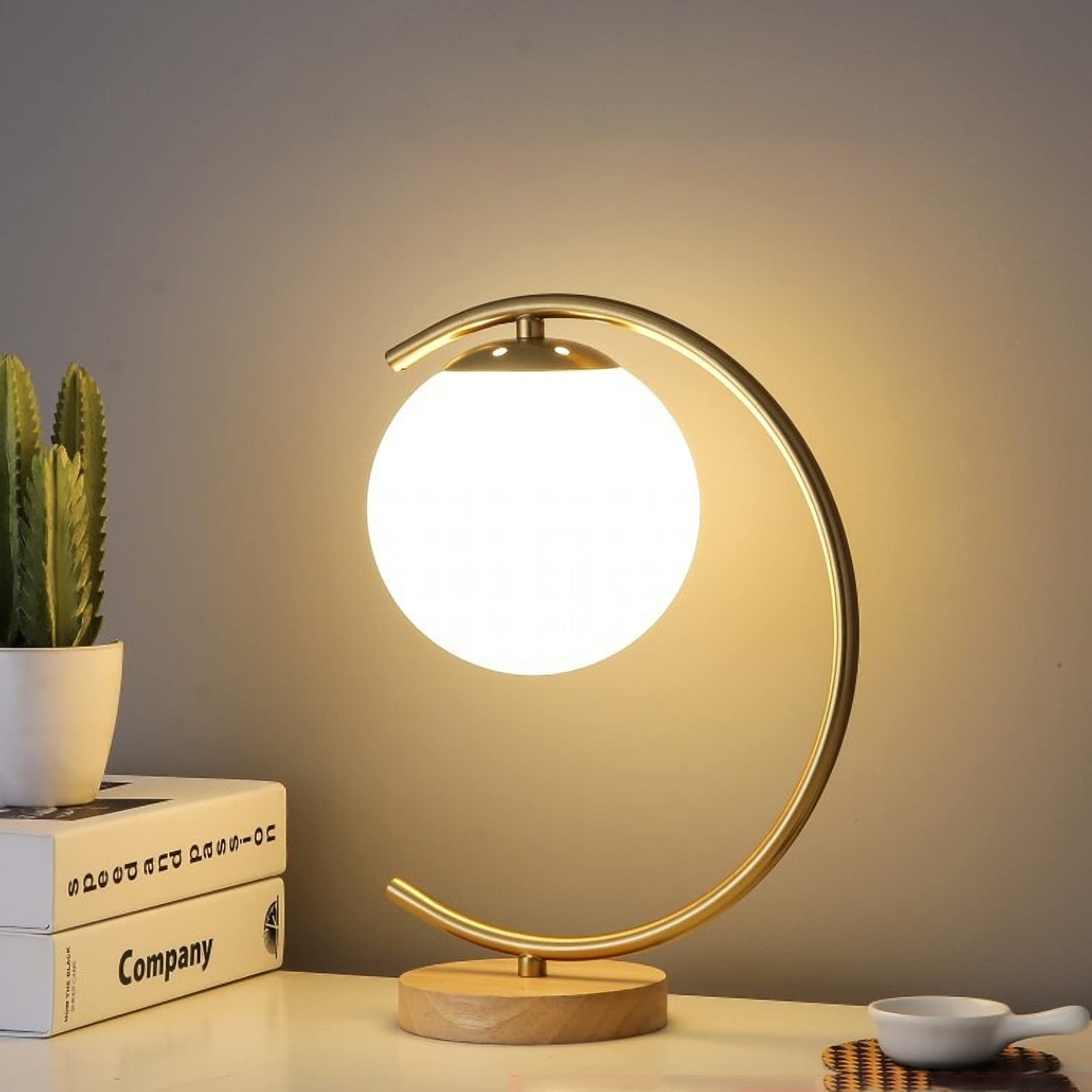 Modern Gold Glass Goble Bedside Table Lamp - Brass Nightstand Lamp with Round Frosted Glass Shade & Metal Base - Perfect for Reading, Office, Bedroom and Living Room Decor