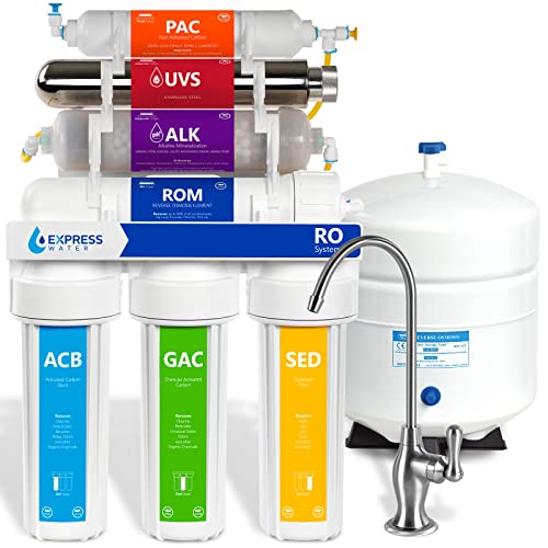 Express Water Reverse Osmosis Alkaline UV Water Filtration System - 100 GPD with Deluxe Chrome Faucet | Under Sink Water Purifier for Clean Drinking & Cooking | Home, Office, RV Use