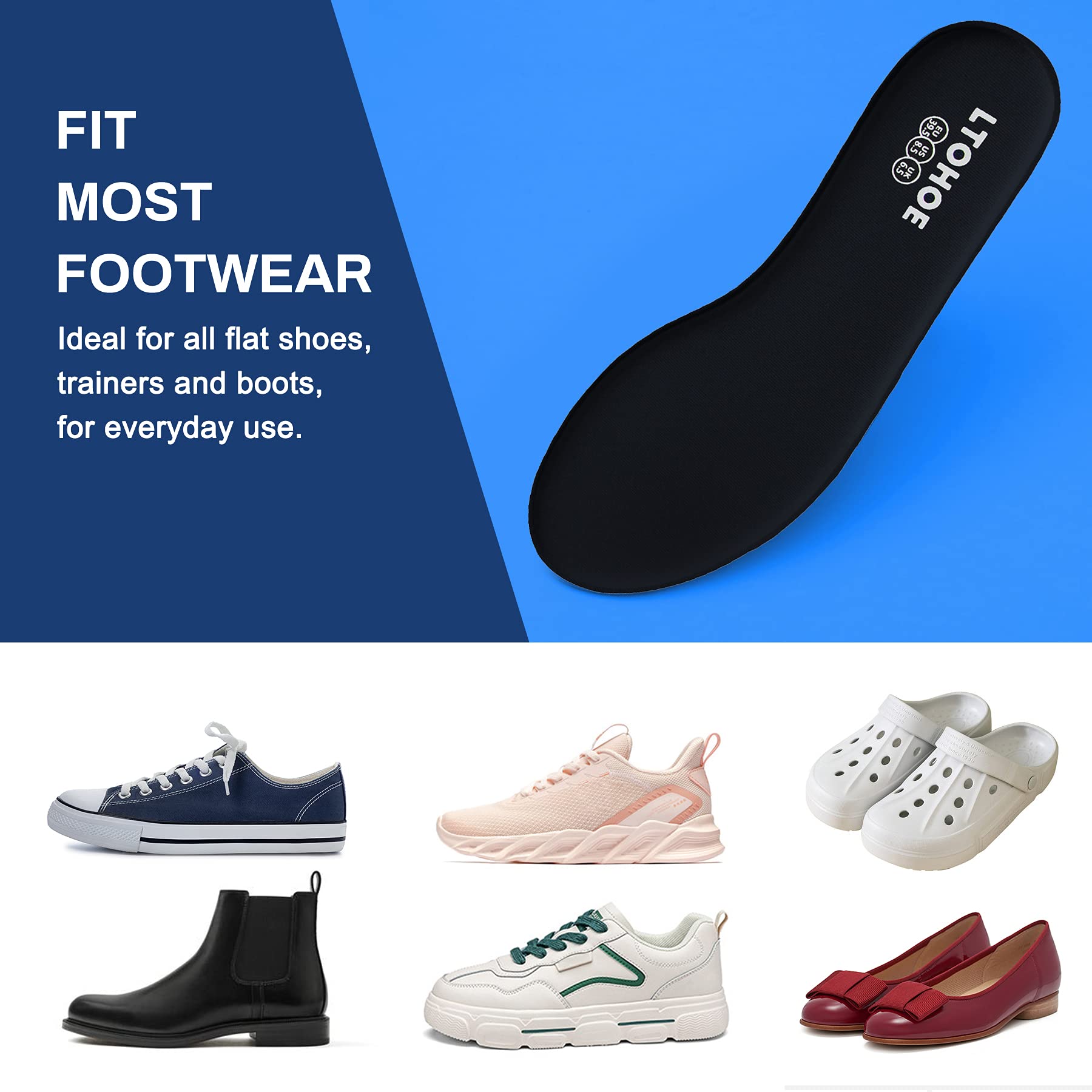 LTOHOE Women's Memory Foam Shoe Insoles - 8mm Cushioned Orthotic Inserts for Running, Hiking & Sneakers - Shock Absorbing Foot Support for Pain Relief (Black, US 6.5) - Perfect for Workouts, Walking & All-Day Comfort