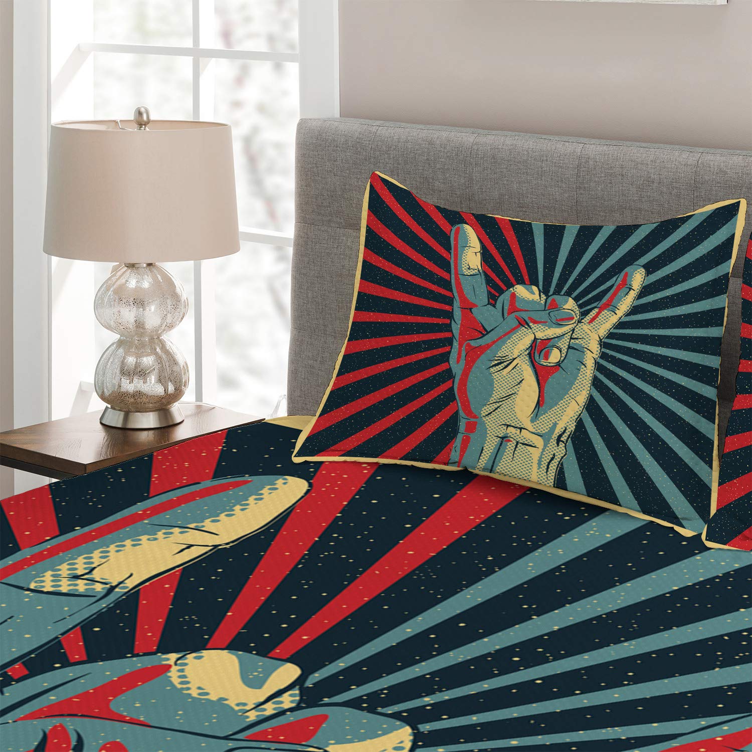 Ambesonne Rock Music Quilt Set King Size - Heavy Rocker Sign & Thunder Bolts Design for Bedroom Decor