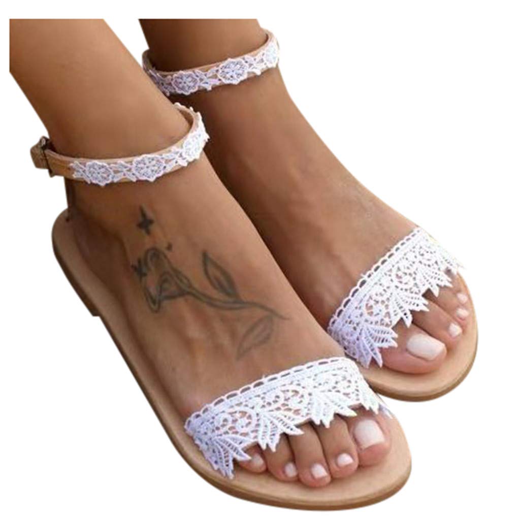 Women's Floral Lace Flat Sandals - Open Toe Comfortable Boho Roman Sandals for Summer, Beach & Casual Dressy Occasions | Perfect for Vacations, Weddings and Outdoor Events