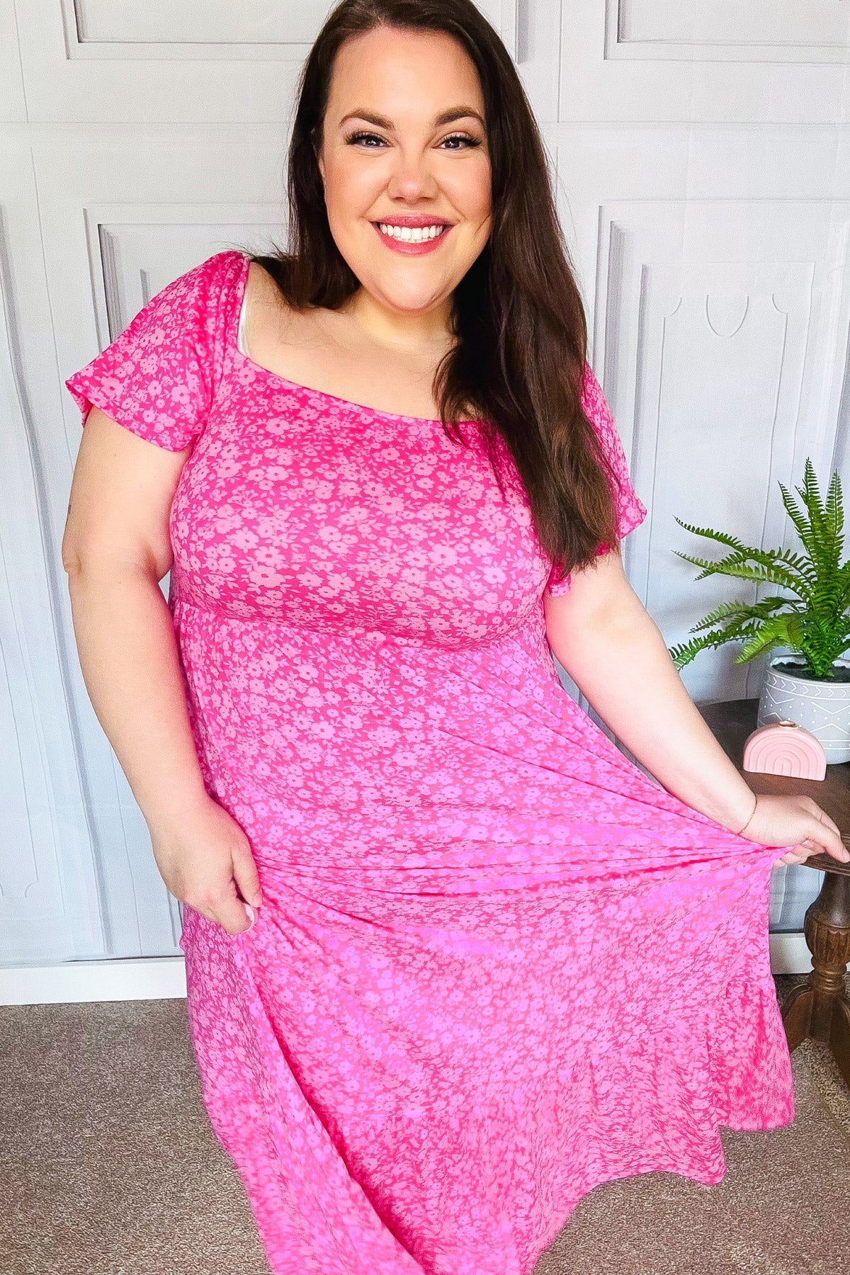 Perfectly You Fuchsia Ditzy Floral Fit & Flare Maxi Dress - Women's Summer Boho Beach Dress for Vacation, Wedding Guest & Outdoor Parties