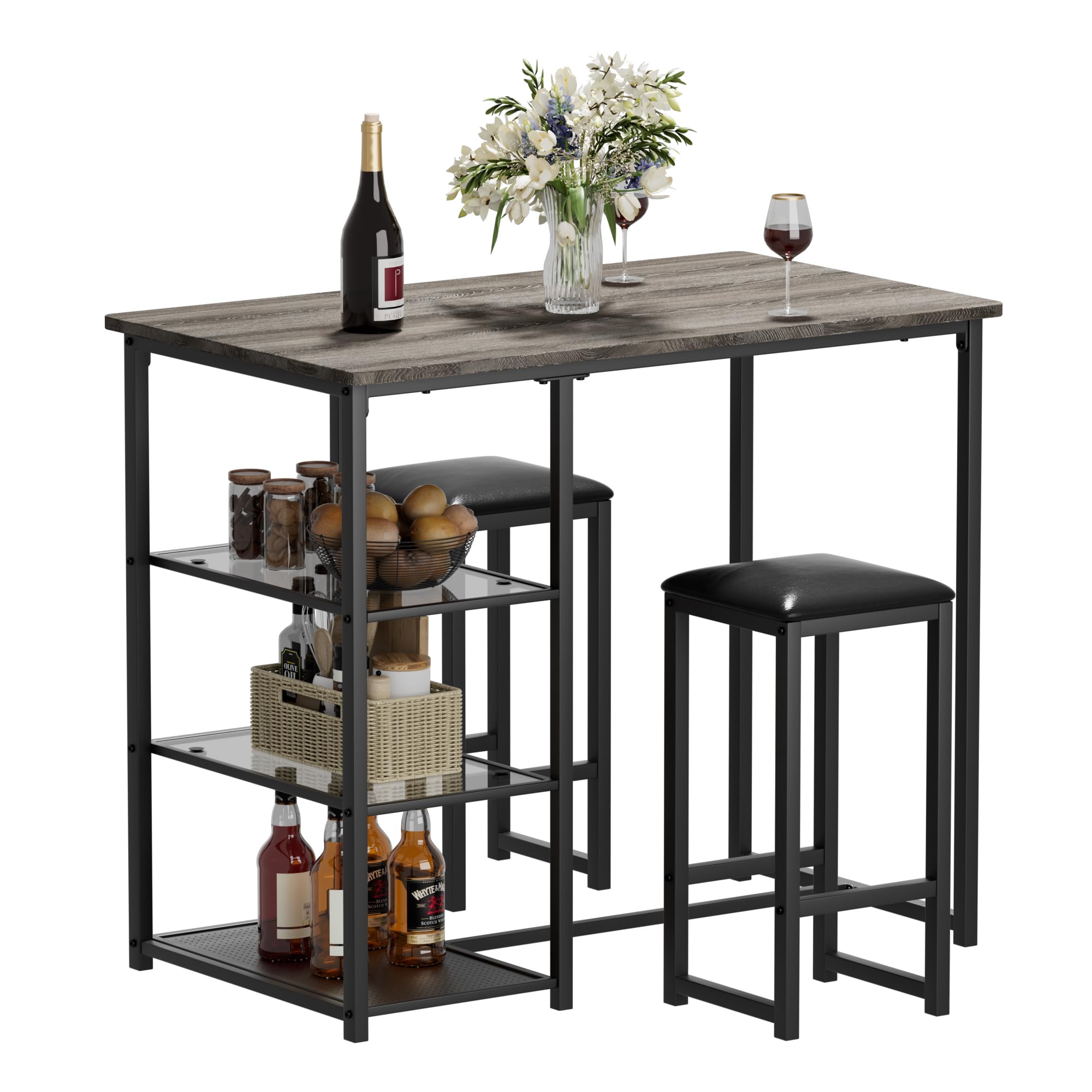 VECELO 2-Person Counter Height Dining Table Set with 3 Storage Shelves, Wood Top & PU Cushion Chairs - Space Saving Kitchen Table for Small Apartments, Dining Rooms (Light Gray) | Perfect for Breakfast Nooks, Studio Living & Compact Spaces
