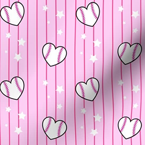 Heart Baseballs Pink Stripes Kawaii Sports Print Petal Signature Cotton Fabric by The Yard - Sewing, Quilting, Apparel & DIY Crafts - Perfect for Girls' Room Decor, Cute Sports-Themed Projects