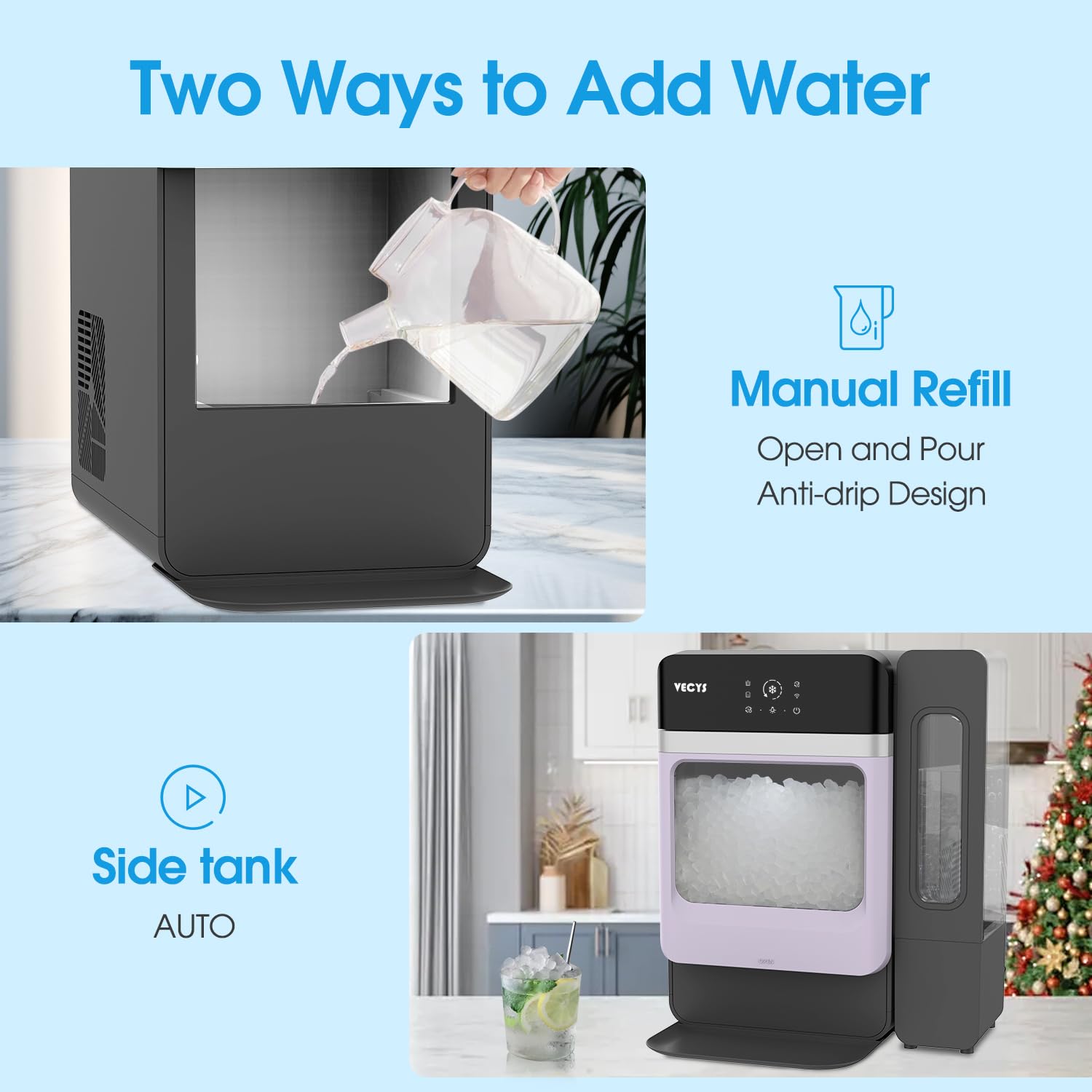 VECYS 33LBS/Day Countertop Nugget Ice Maker - Self-Cleaning Portable Pellet Ice Machine with Stainless Steel Trim & 3.8L Side Water Tank - Chewable Sonic Ice for Home, Office, Bar, Cocktails, and Beverages