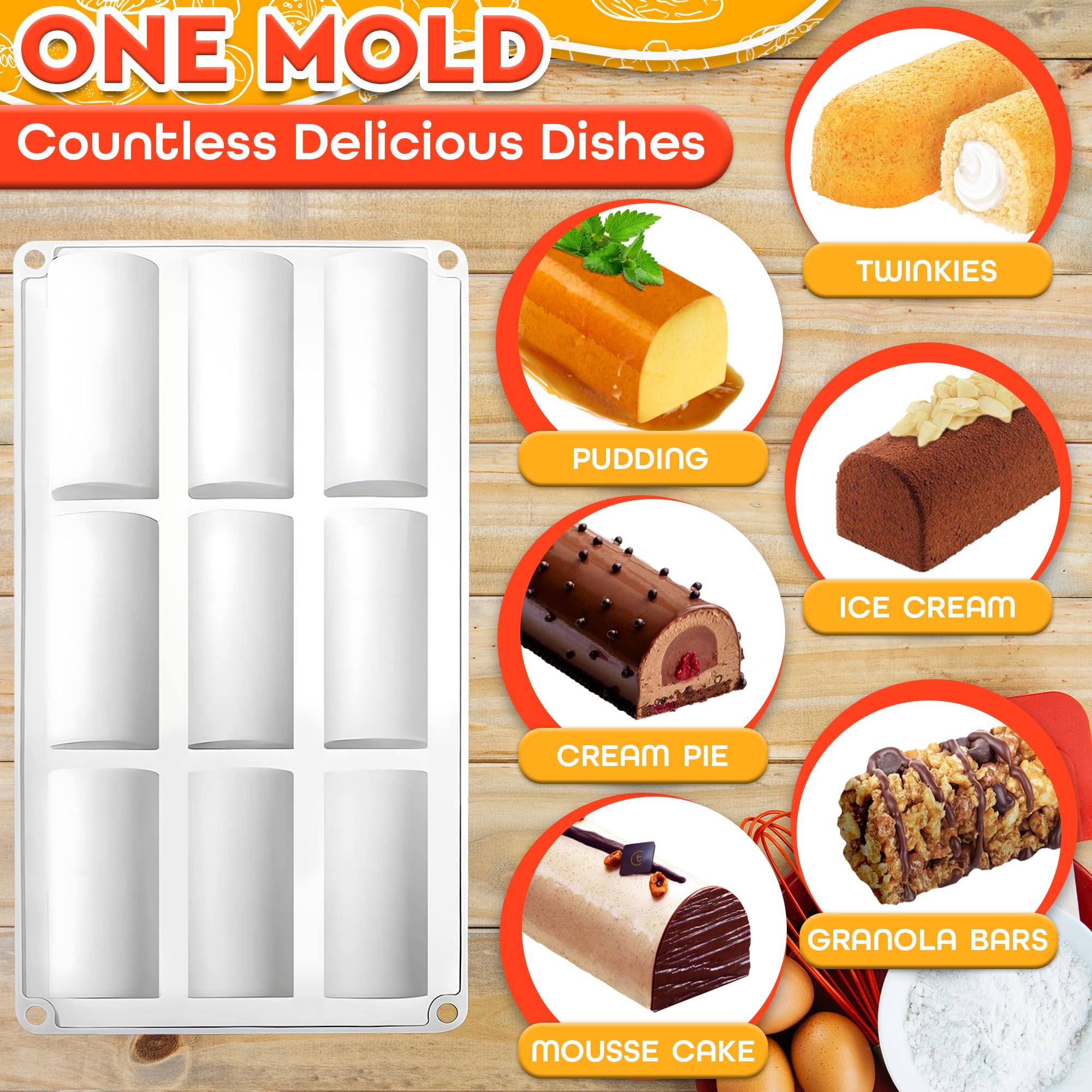VIKROM 9-Cavity 3D Cylinder Silicone Baking Mold - Reusable Twinkie Pan, Cake Roll & Granola Bar Mold for Professional Desserts - Perfect for Birthday Cakes, Party Treats & Homemade Snacks