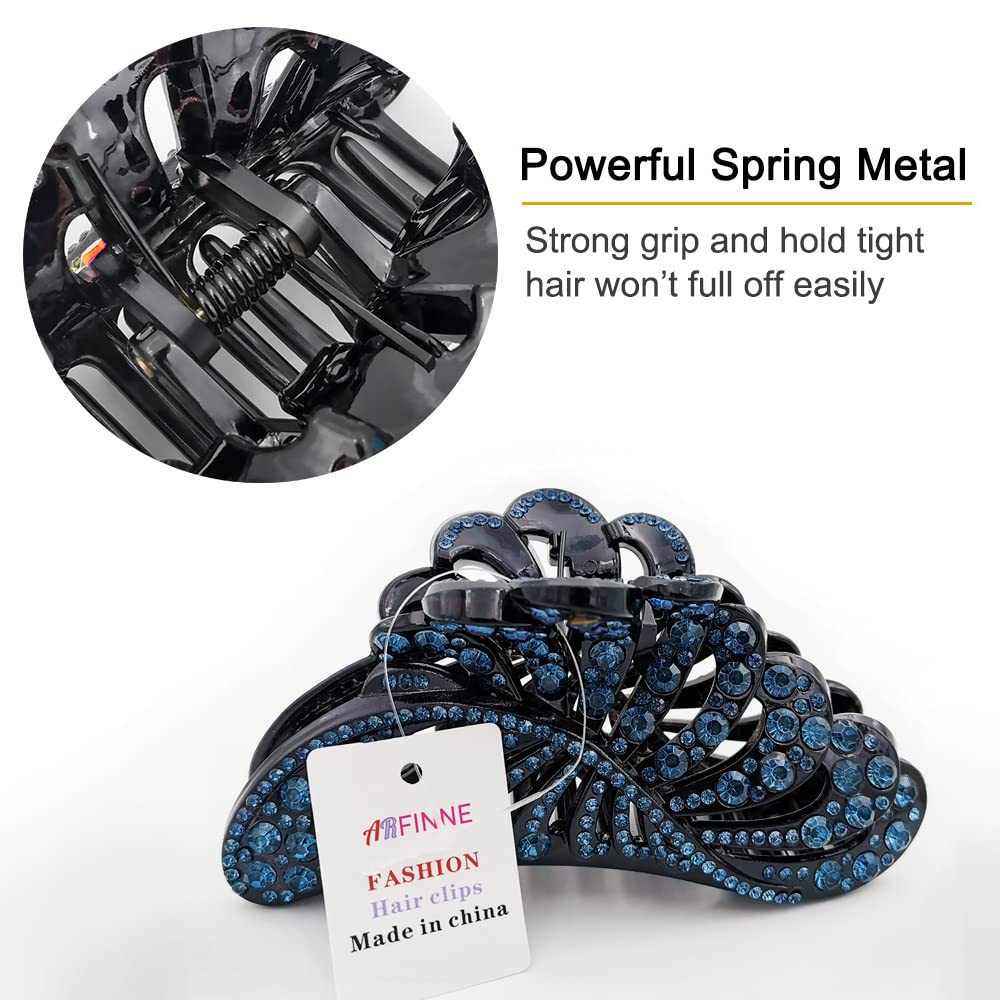 5 Inch Large Hair Claw Clips with Blue Rhinestones - Non-Slip Leaf Design Plastic Jumbo Jaw Clips for Women, Strong Hold for Thick & Long Hair - Perfect for Updos, Ponytails & Everyday Styling