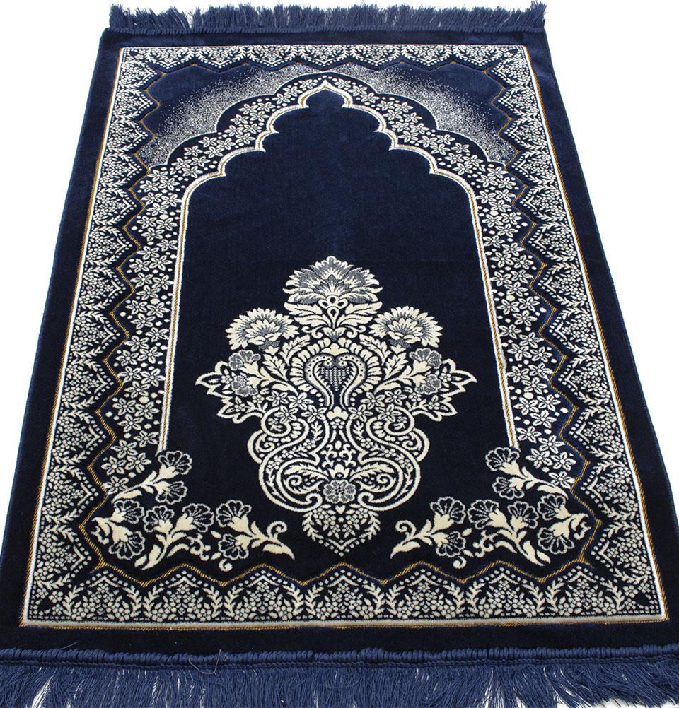 Premium Double Plush Wide Islamic Prayer Rug - Floral Arch Blue Design for Home & Mosque Use - Soft & Comfortable Prayer Mat for Daily Salah & Jummah Prayers