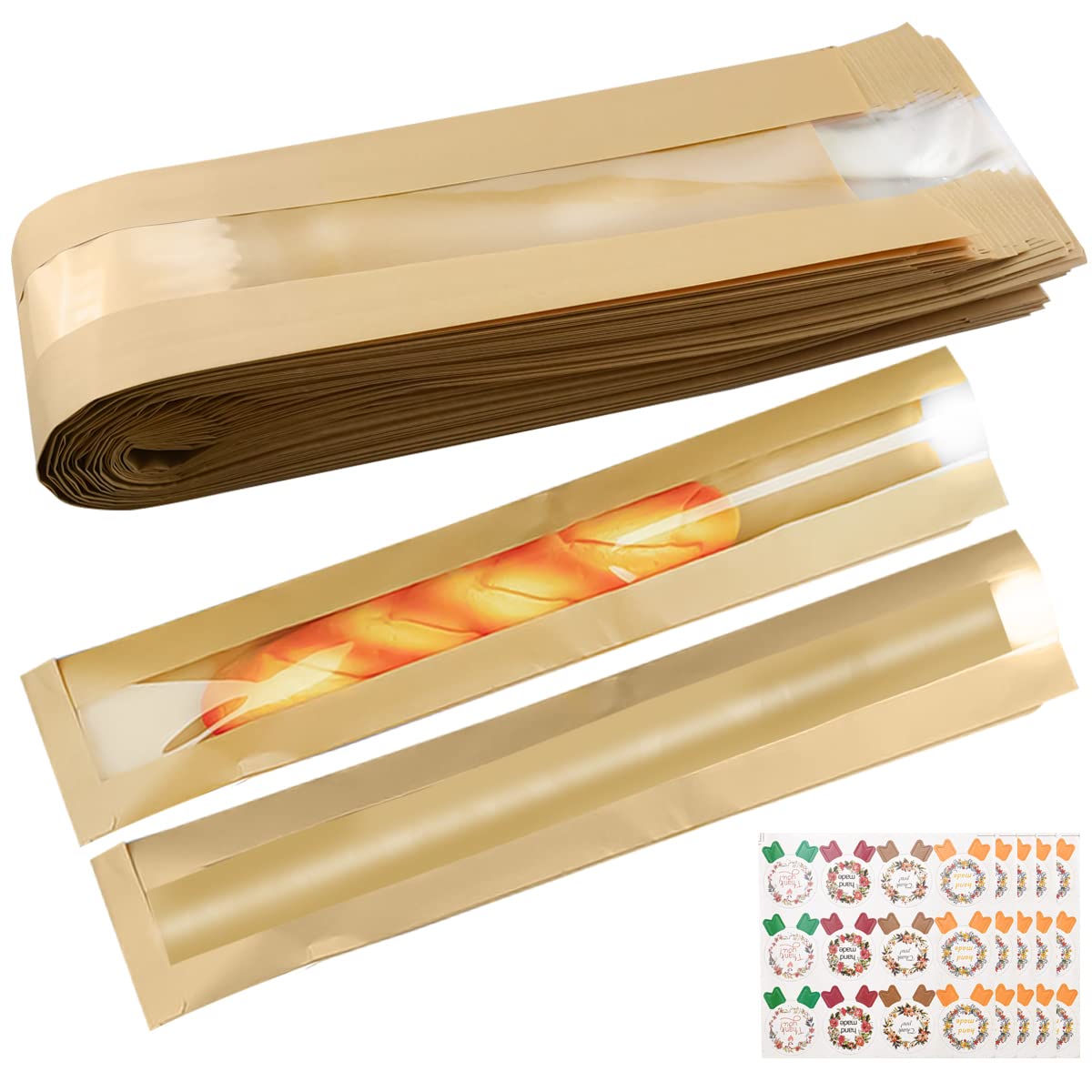 50-Pack Kraft Paper Bread Bags with Window - 24